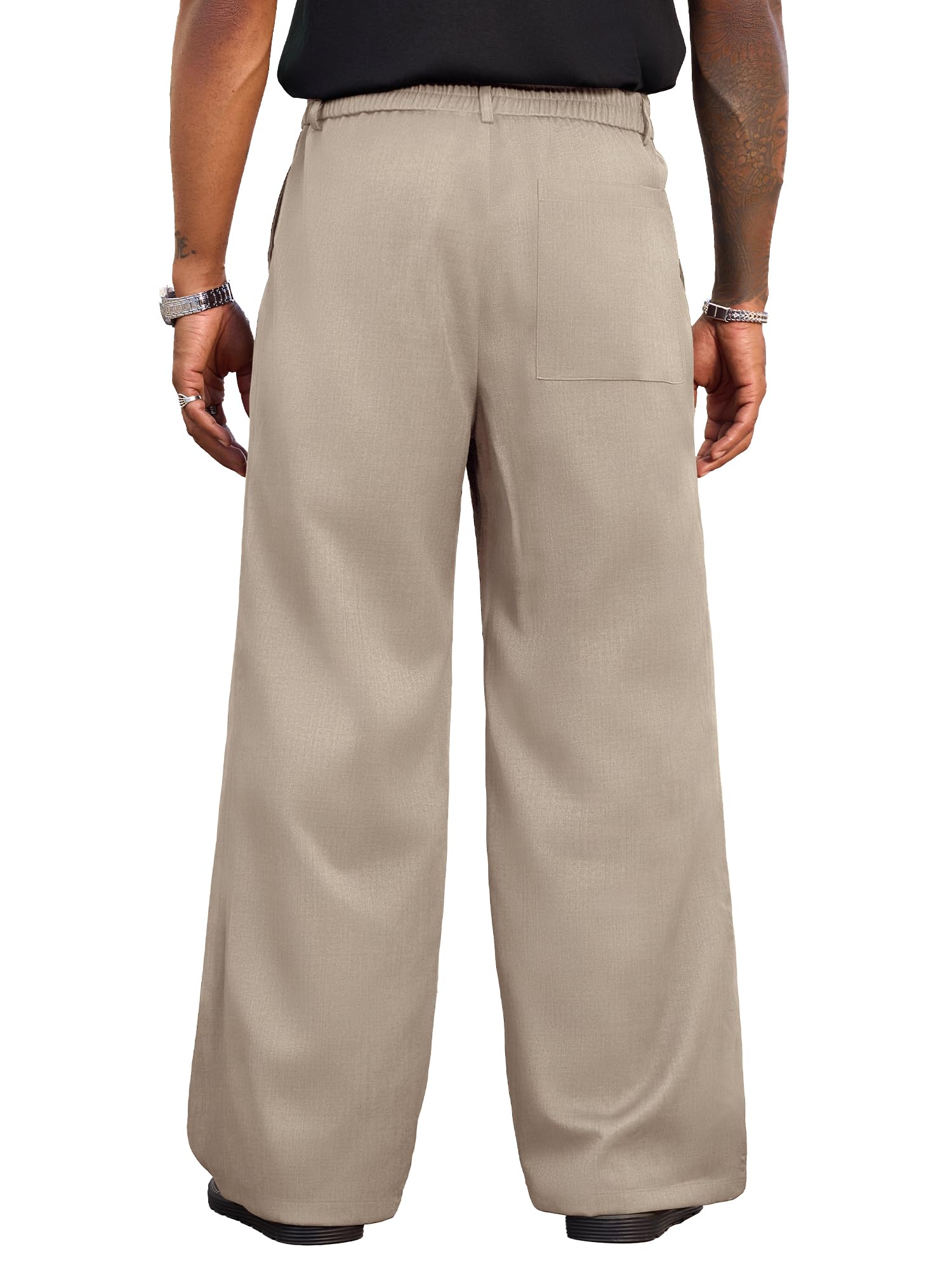 PLEPAN Men's Wide Leg Dress Pants Baggy Pleated Casual Trousers Relaxed Fit Elastic Waist Business Slacks