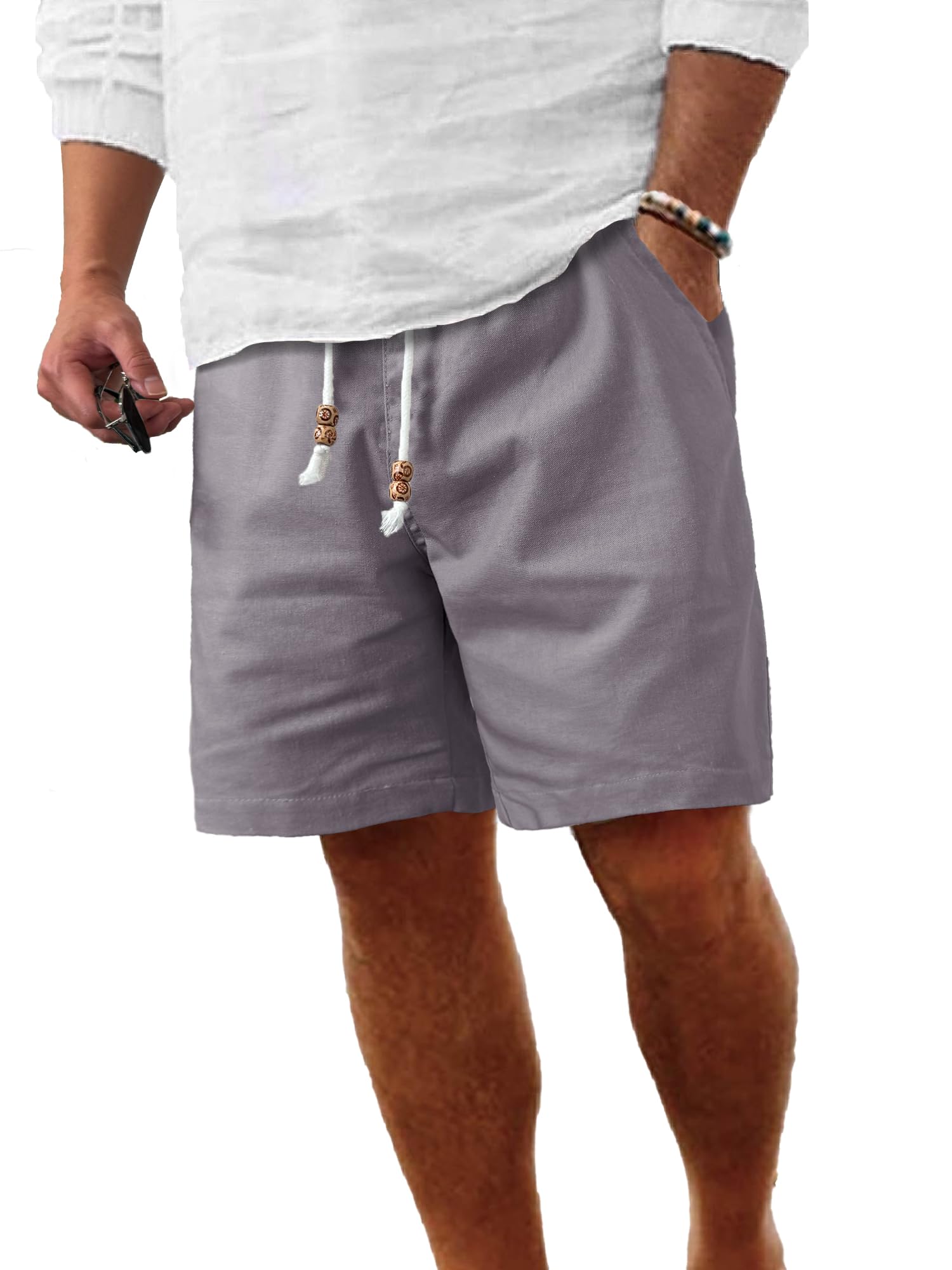 Comdecevis Men's Linen Shorts Casual Elastic Waist Drawstring Summer Beach Vacation Yoga Golf Shorts with Pockets
