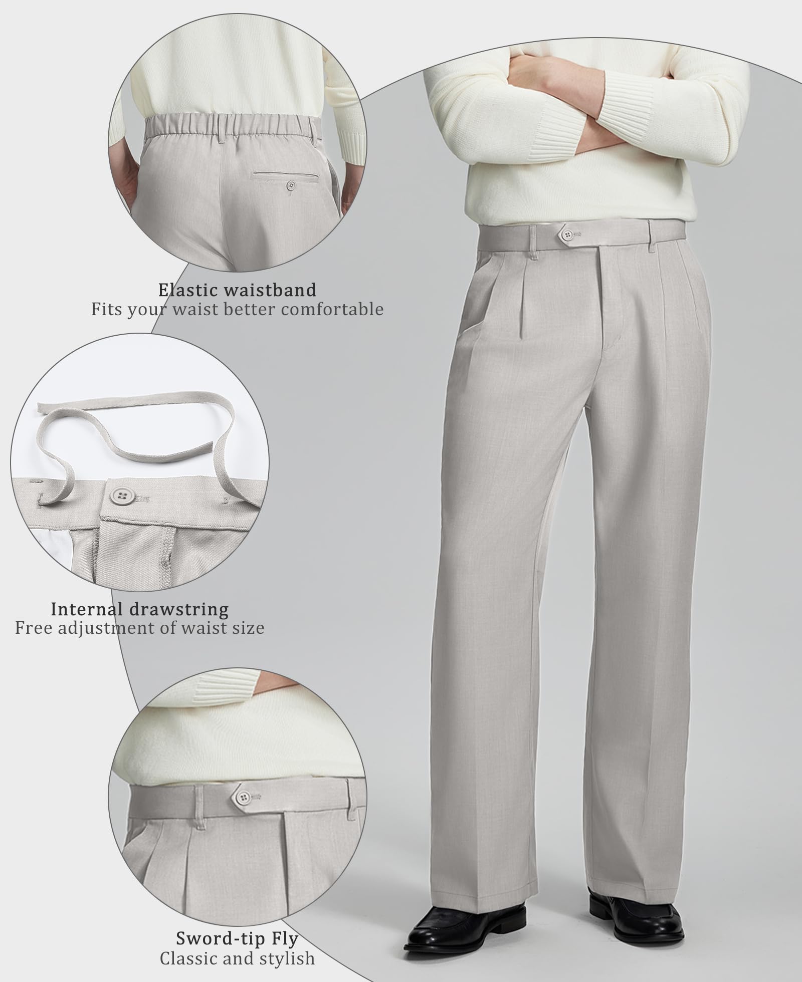 Susclude Mens Casual Dress Pants Old Money Pleated Baggy Wide Leg Vintage Relaxed Fit Slacks Work Office Trousers