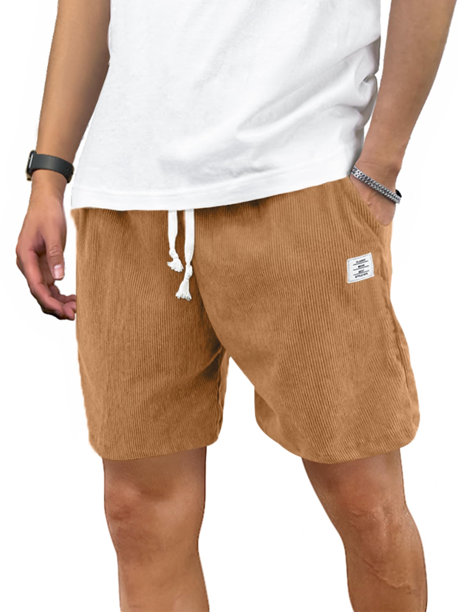 PLEPAN Mens Corduroy Shorts Casual Elastic Waist Drawstring Summer Beach Shorts