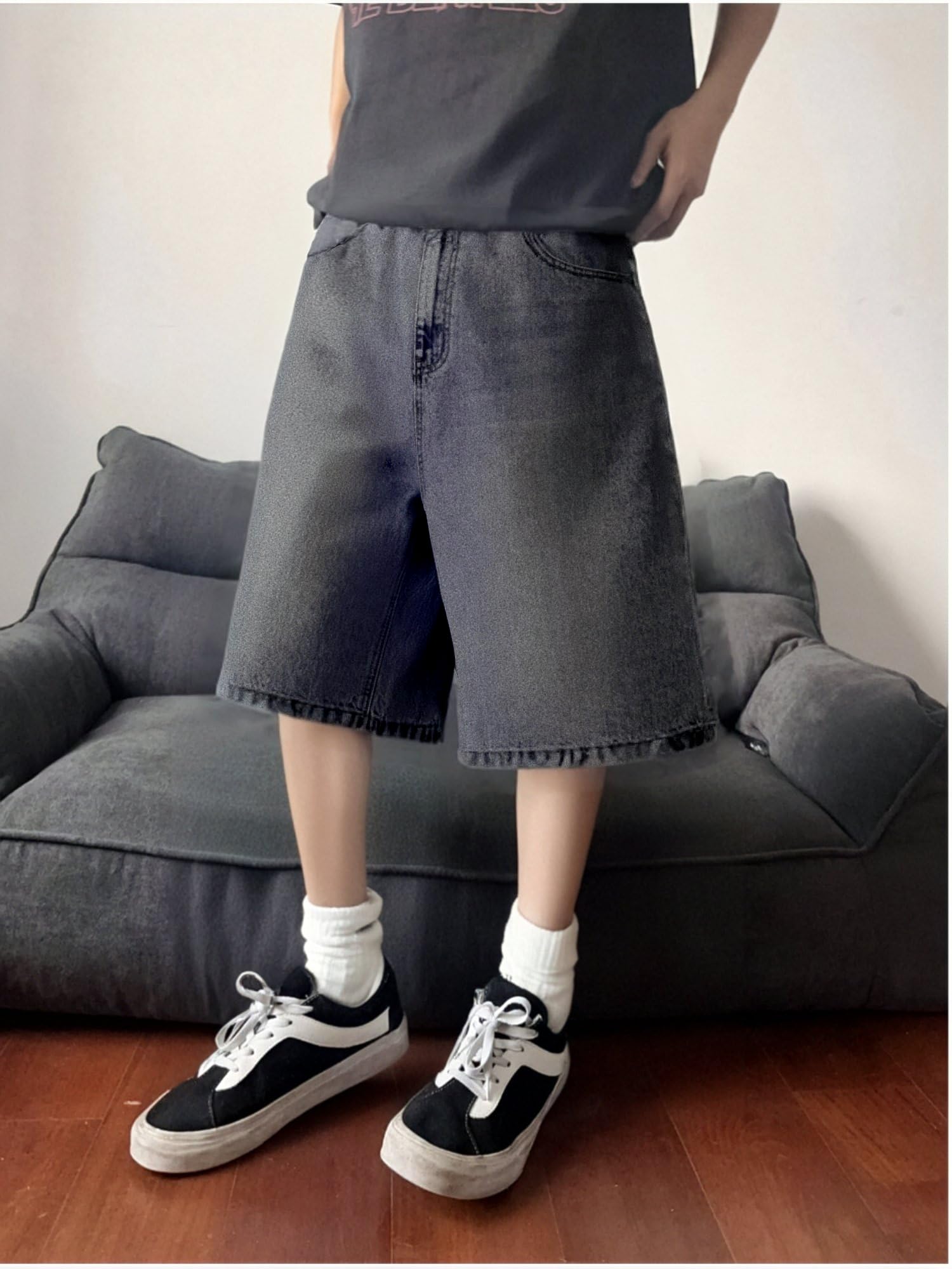 LuminBlaze Mens Baggy Jean Shorts Loose Fit Vintage Wide Leg Jorts Y2K Streetwear Hip Hop Casual Denim Shorts