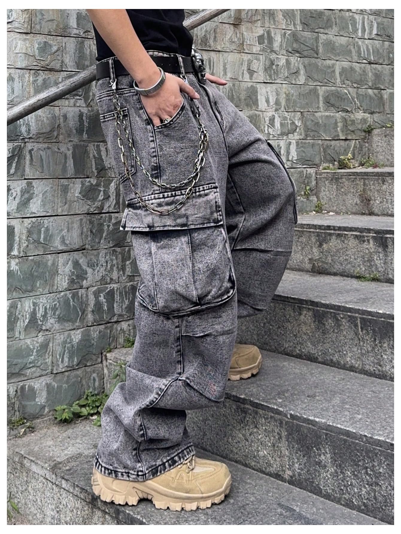 WDIRARA Men's Cargo Jeans Wide Leg Baggy Denim Pants Hip Hop Streetwear