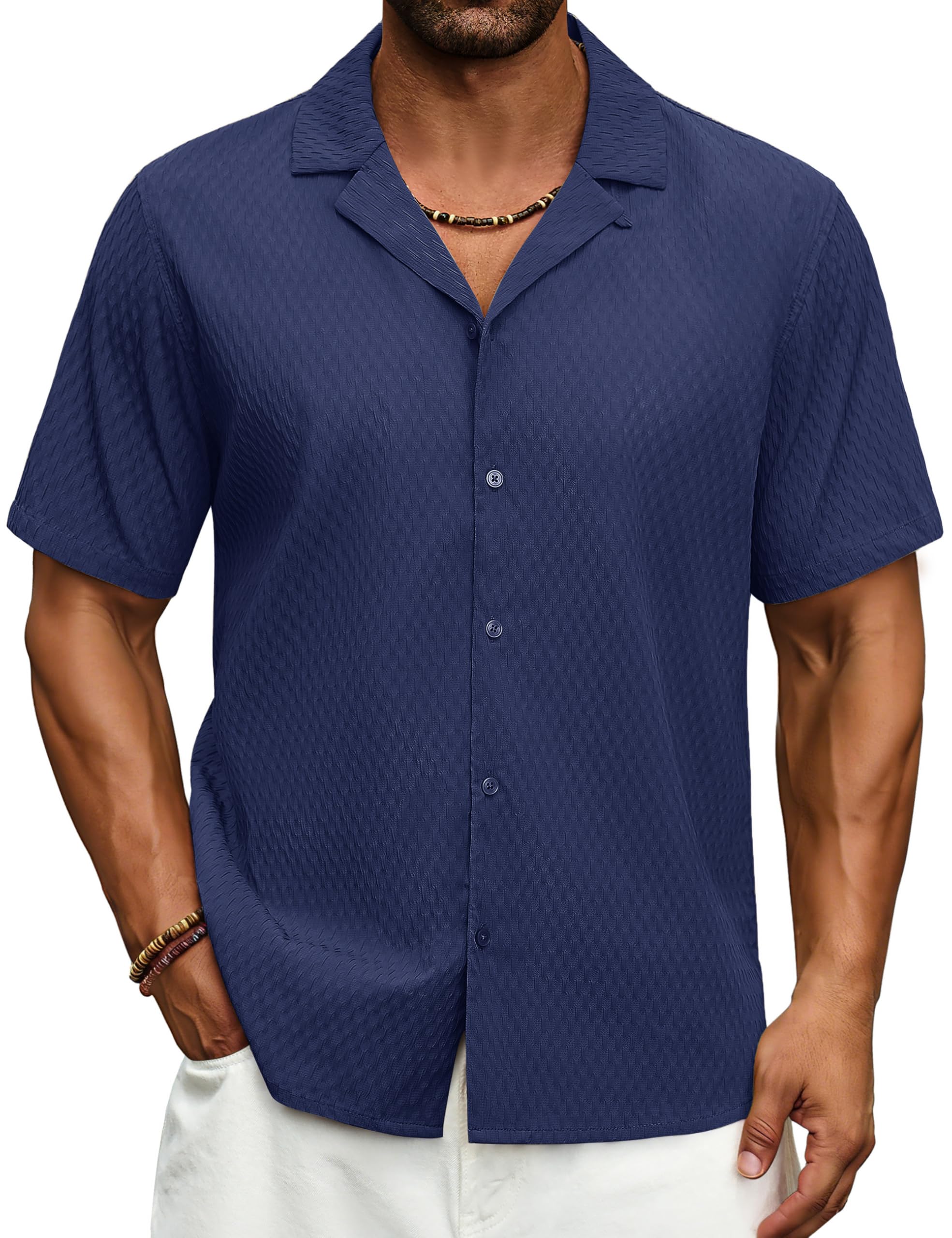 Cotrasen Men's Casual Short Sleeve Button Down Shirt Cuban Textured Summer Beach Shirts