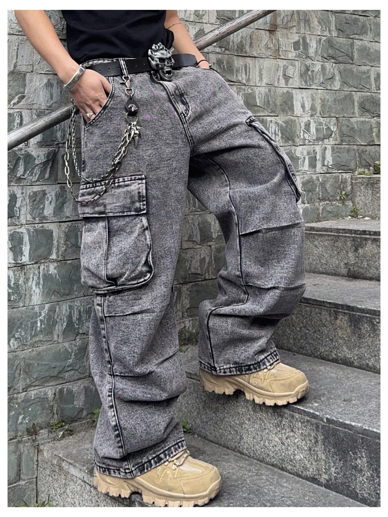 WDIRARA Men's Cargo Jeans Wide Leg Baggy Denim Pants Hip Hop Streetwear