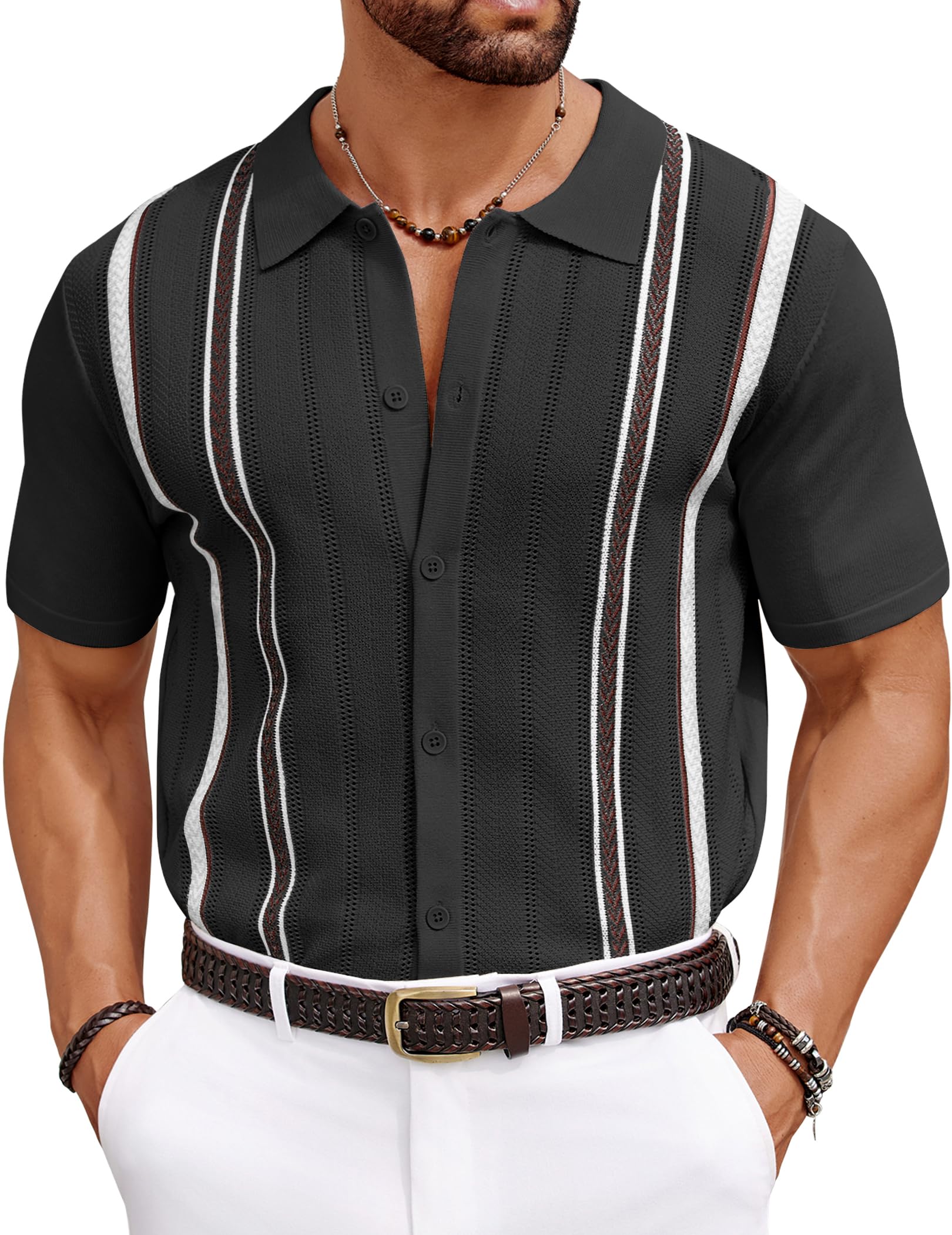 COOFANDY Knit Shirts for Men Casual Short Sleeve Button Down Shirts Summer Beach Stretch Fit Collared Shirts