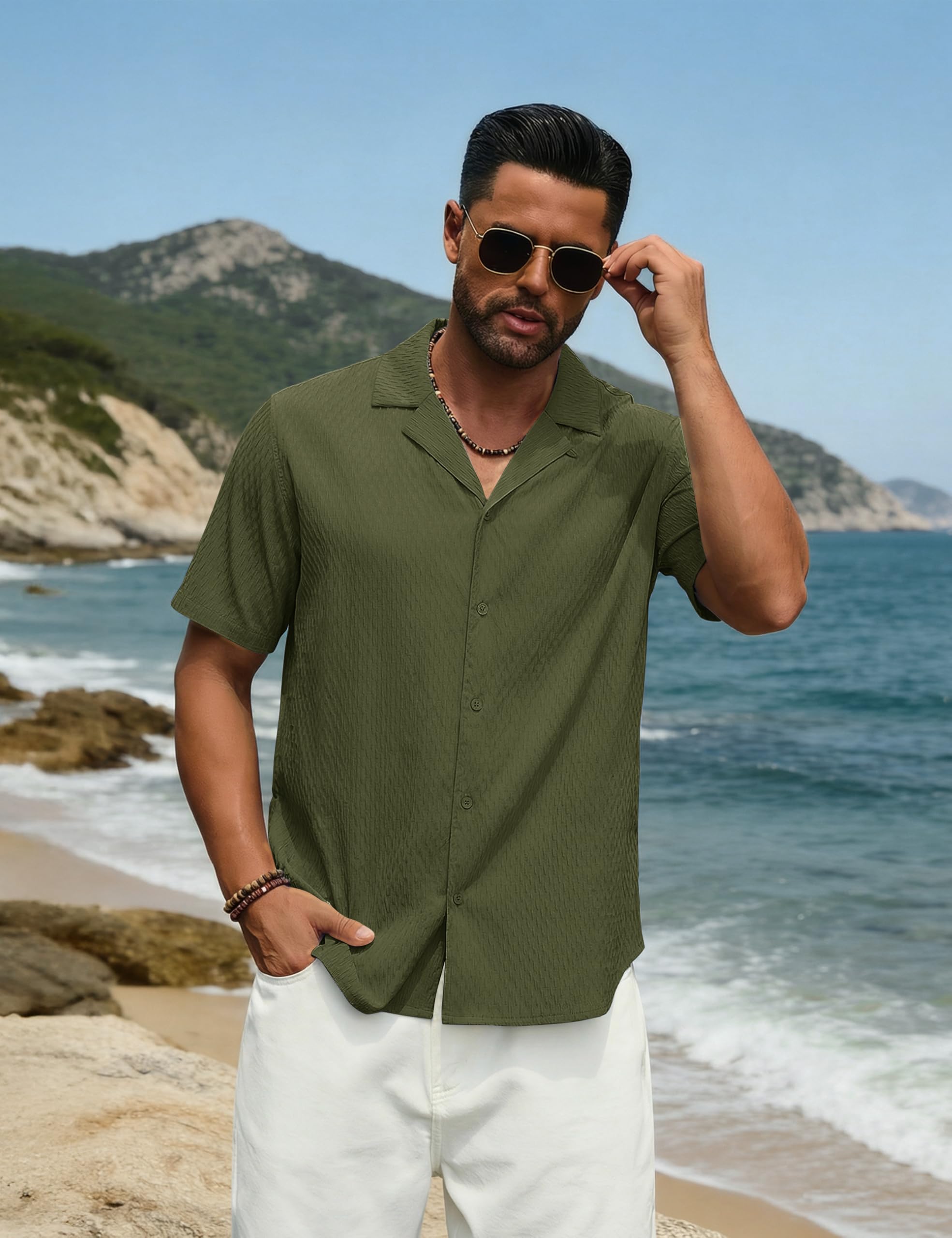 Cotrasen Men's Casual Short Sleeve Button Down Shirt Cuban Textured Summer Beach Shirts