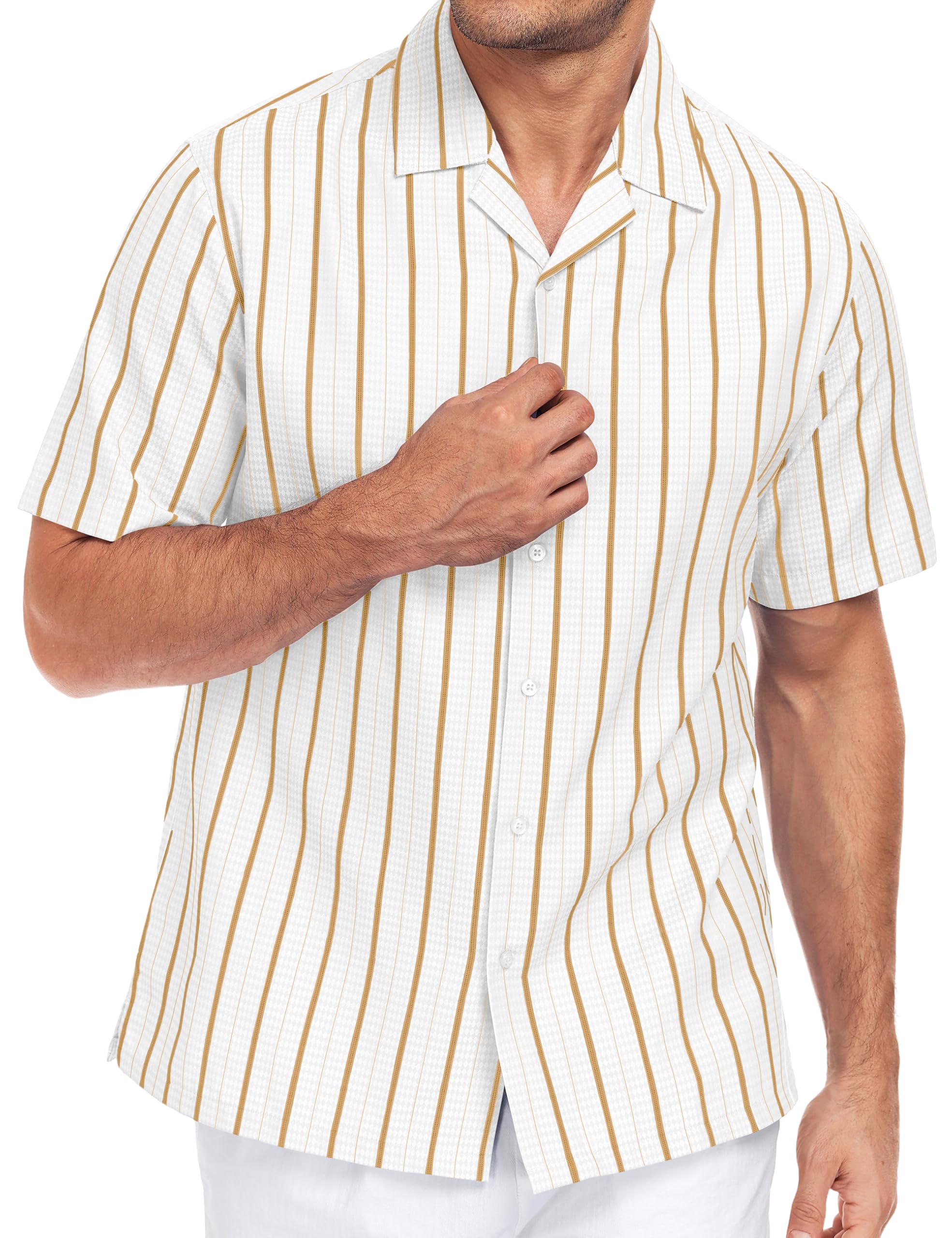 Lzzidou Men's Cuban Collar Shirt Short Sleeve Button Down – Textured Jacquard Cotton Blend Summer Resort Top