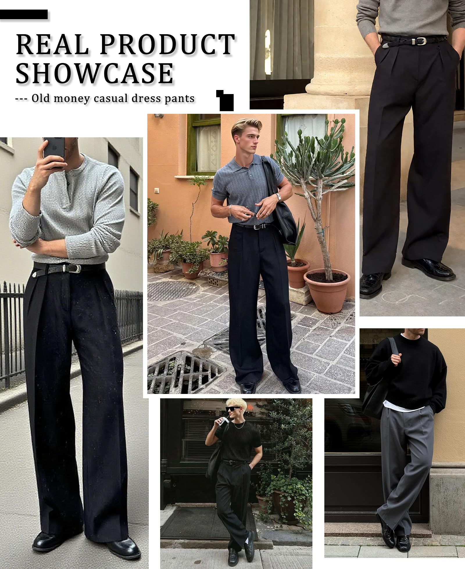 Susclude Mens Casual Dress Pants Old Money Pleated Baggy Wide Leg Vintage Relaxed Fit Slacks Work Office Trousers