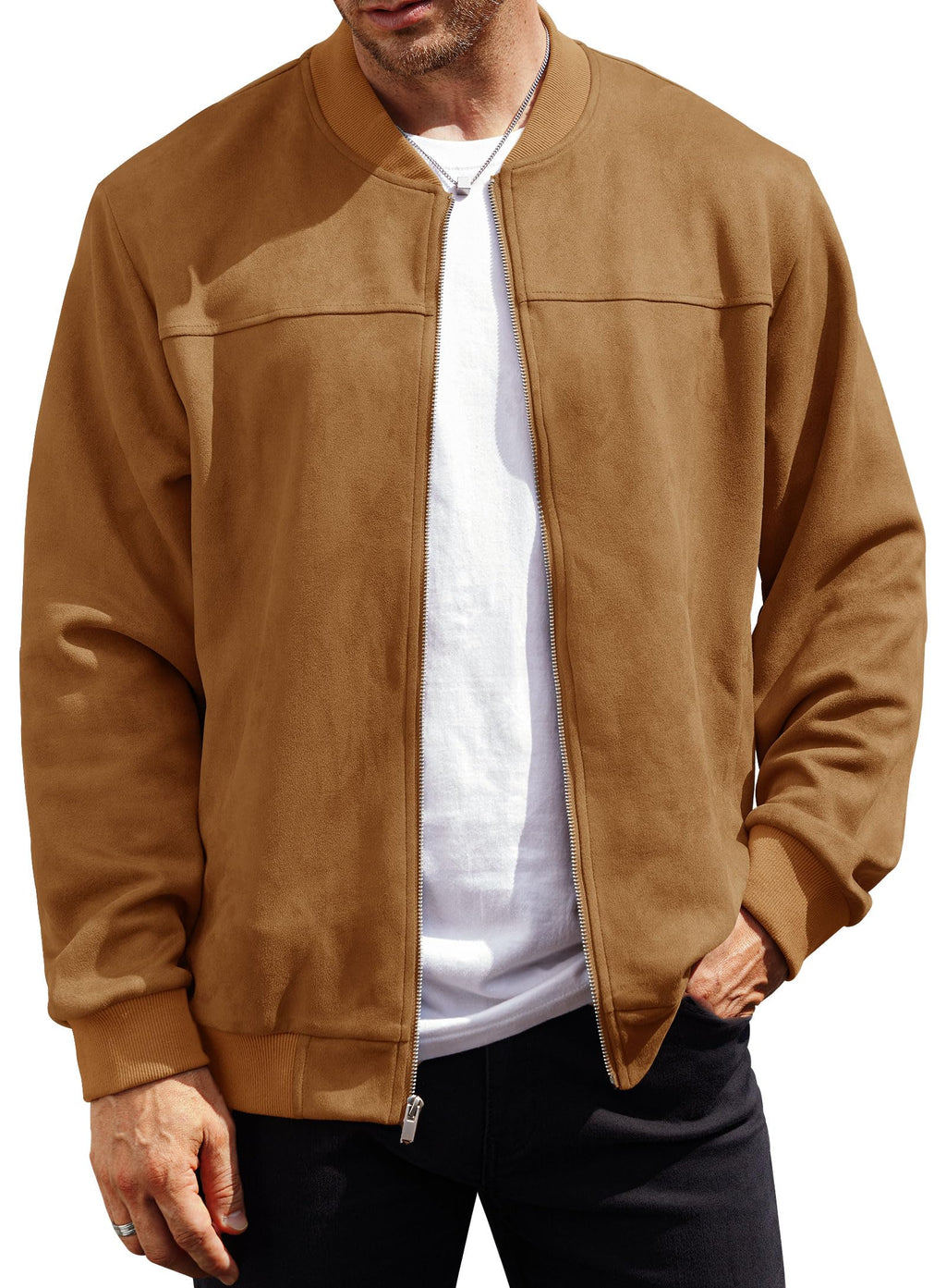 VOGSTART Men’s Bomber Jacket Faux Suede Midweight Casual Full-Zip Flight Coat (S-XXL)