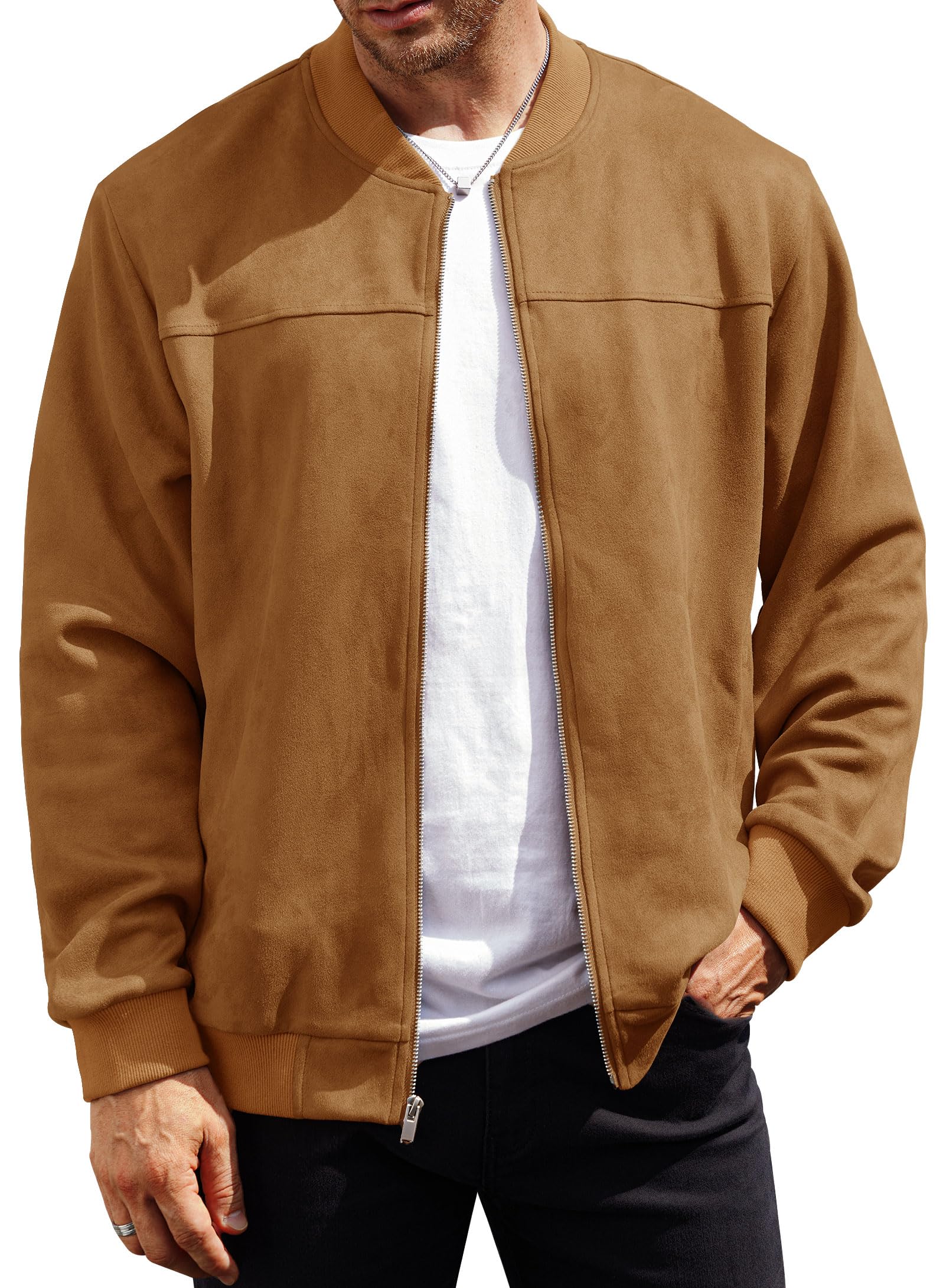 VOGSTART Men’s Bomber Jacket Faux Suede Midweight Casual Full-Zip Flight Coat (S-XXL)