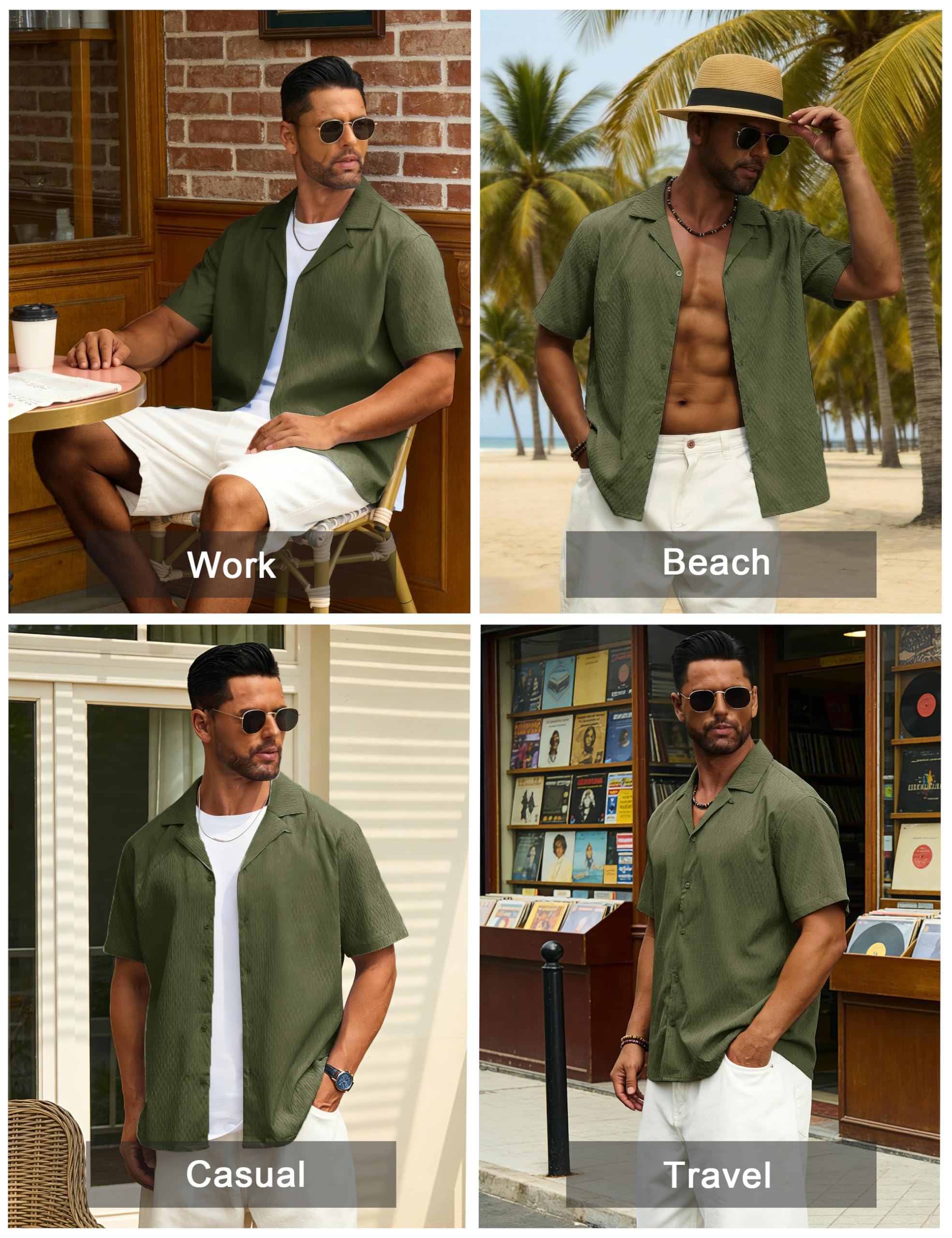 Cotrasen Men's Casual Short Sleeve Button Down Shirt Cuban Textured Summer Beach Shirts