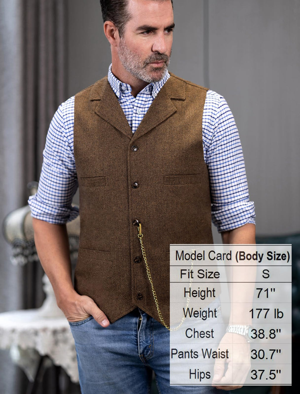 Ceehuteey Mens Suit Vest Waistcoat Tweed Retro V Neck Wool Herringbone for Prom