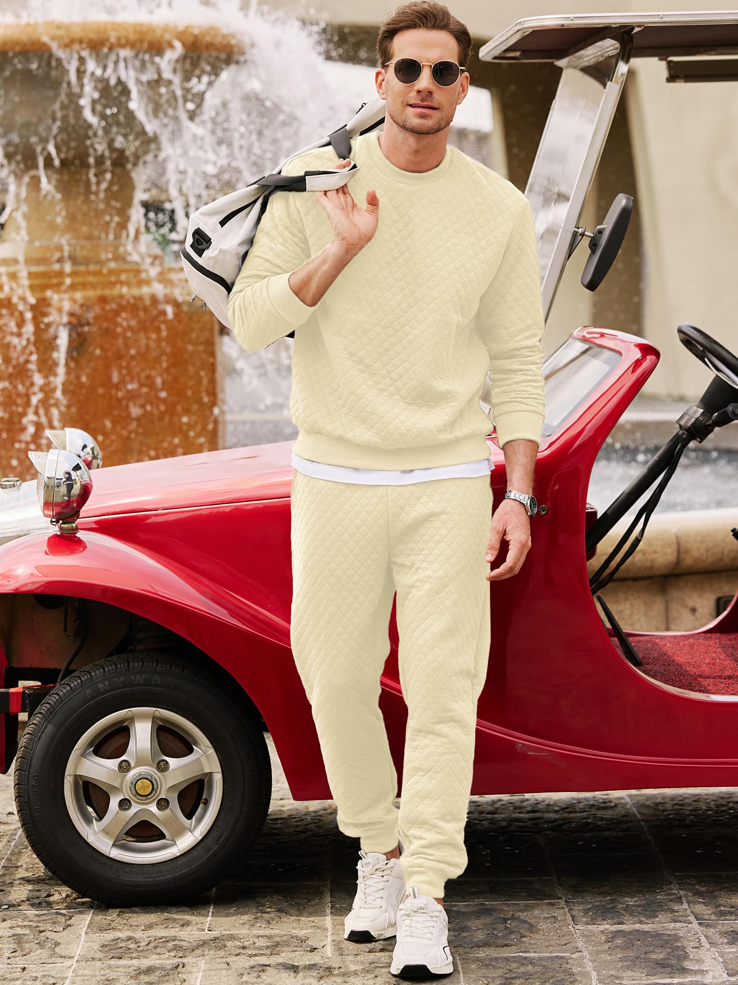 JMIERR Men's Quilted 2 Piece Casual Outfits Crewneck Sweatshirt Tracksuit & Joggers Sweatpants Sweatsuit Set