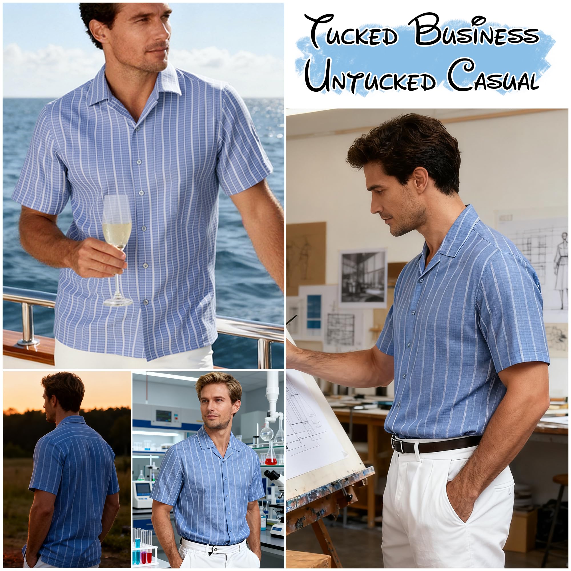 Lzzidou Men's Cuban Collar Shirt Short Sleeve Button Down – Textured Jacquard Cotton Blend Summer Resort Top