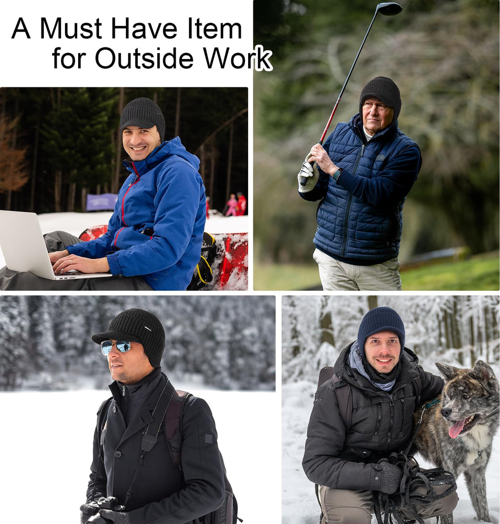 Wmcaps Winter Beanie with Brim and Ear Flaps, Outdoor Warm Fleece Lined Knit Hat Stocking Caps for Men Women