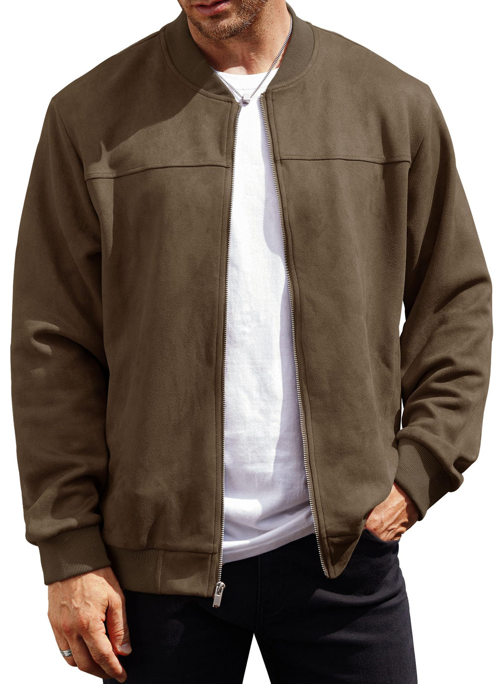 VOGSTART Men’s Bomber Jacket Faux Suede Midweight Casual Full-Zip Flight Coat (S-XXL)