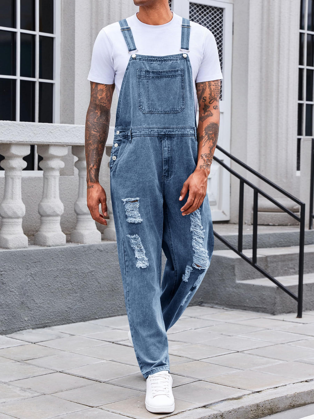 Runcati Men's Denim Bib Overall Jean Romper Trousers Adjustable Strap Workwear Slim Fit Jumpsuit