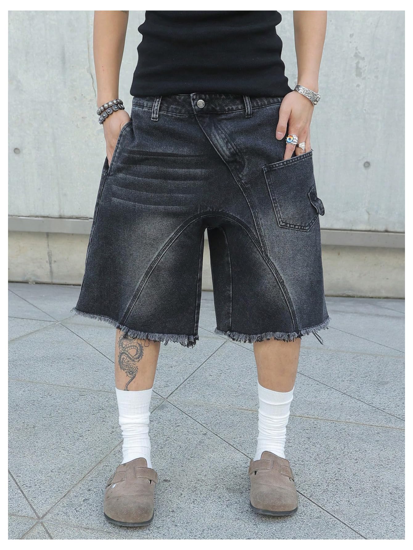 SHENHE Men's Baggy Jean Shorts Y2k Jorts Wide Leg Frayed Raw Hem Vintage Bermuda Denim Shorts
