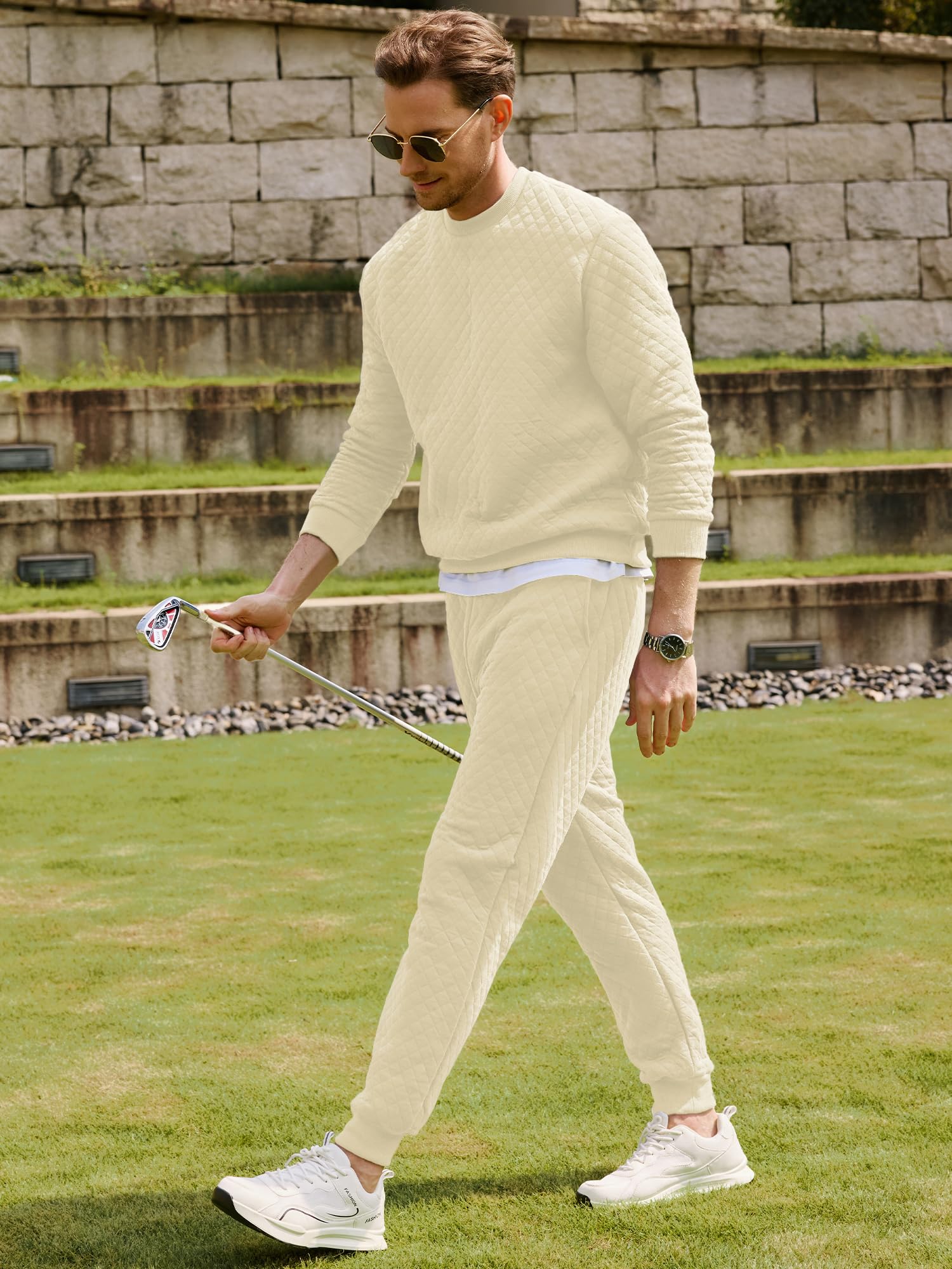 JMIERR Men's Quilted 2 Piece Casual Outfits Crewneck Sweatshirt Tracksuit & Joggers Sweatpants Sweatsuit Set