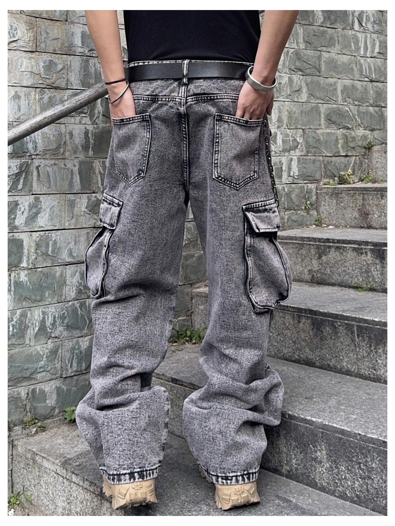 WDIRARA Men's Cargo Jeans Wide Leg Baggy Denim Pants Hip Hop Streetwear