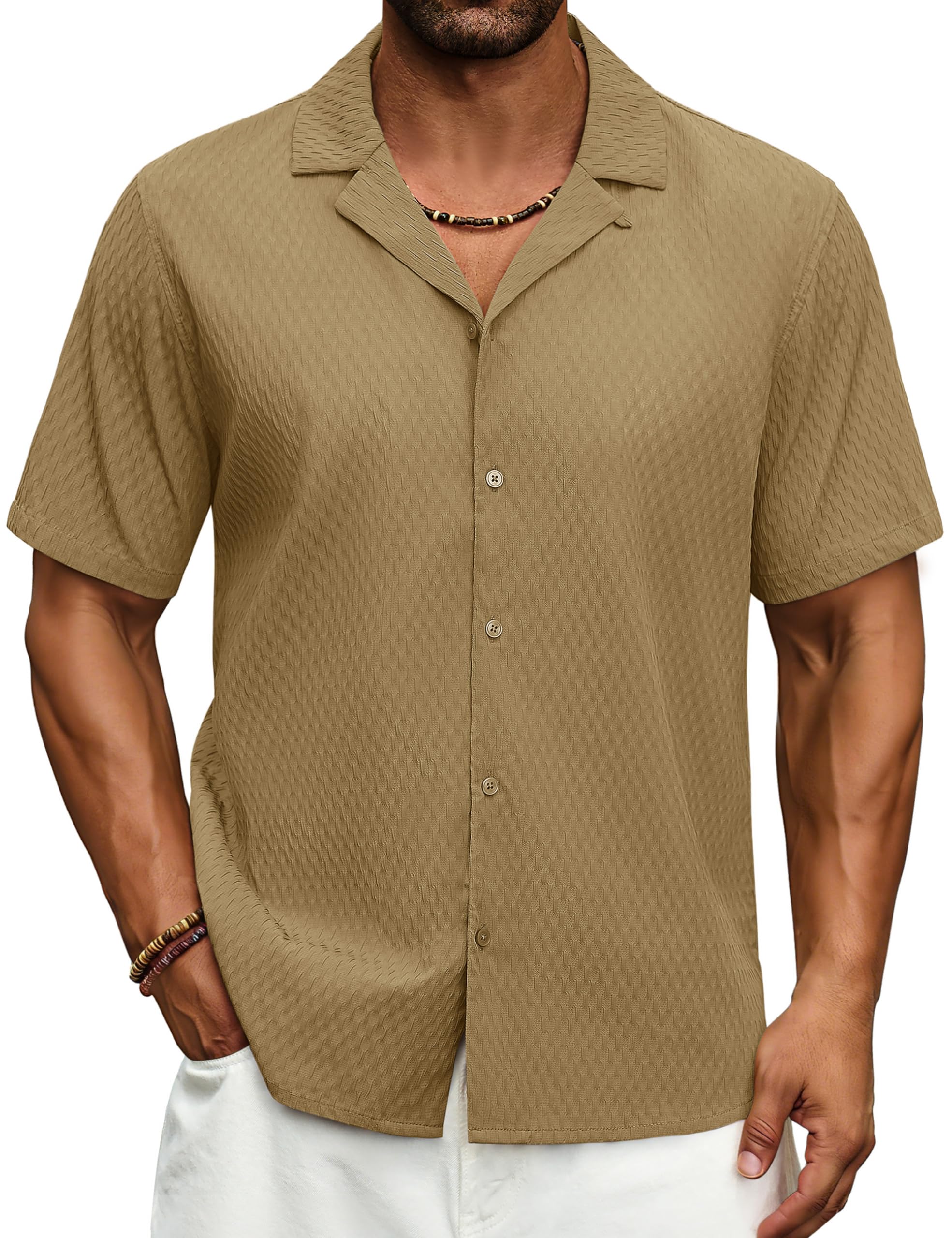Cotrasen Men's Casual Short Sleeve Button Down Shirt Cuban Textured Summer Beach Shirts