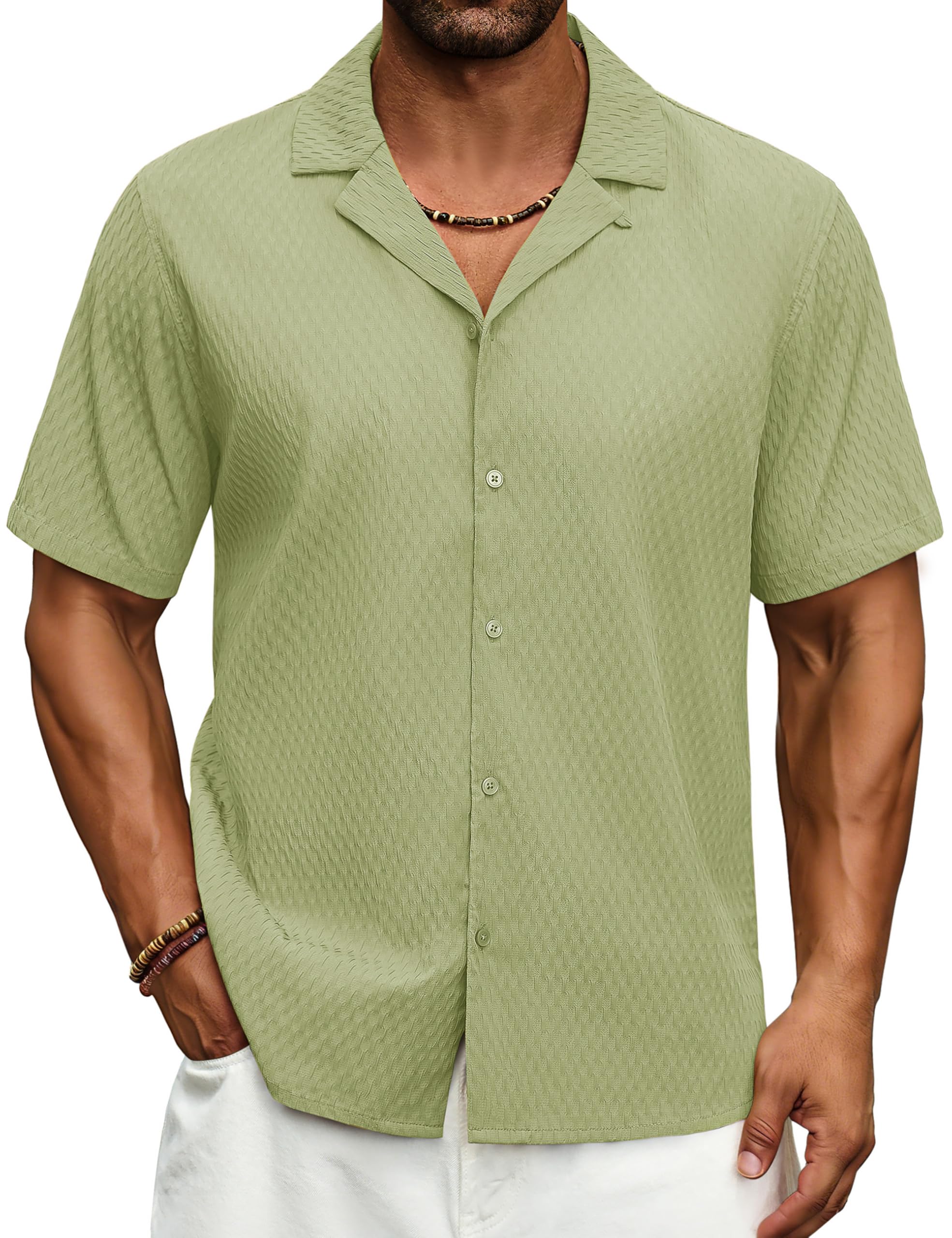 Cotrasen Men's Casual Short Sleeve Button Down Shirt Cuban Textured Summer Beach Shirts