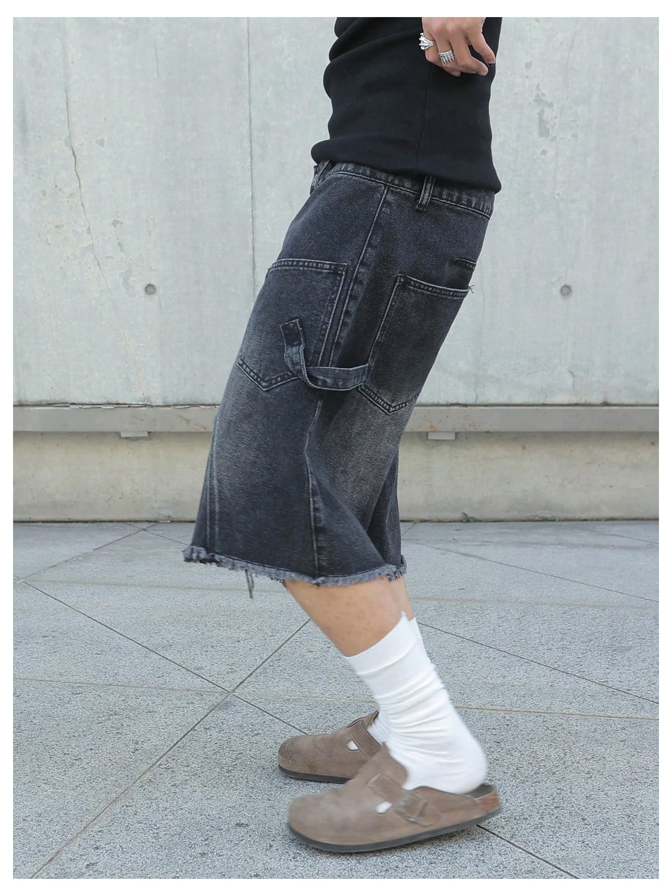 SHENHE Men's Baggy Jean Shorts Y2k Jorts Wide Leg Frayed Raw Hem Vintage Bermuda Denim Shorts