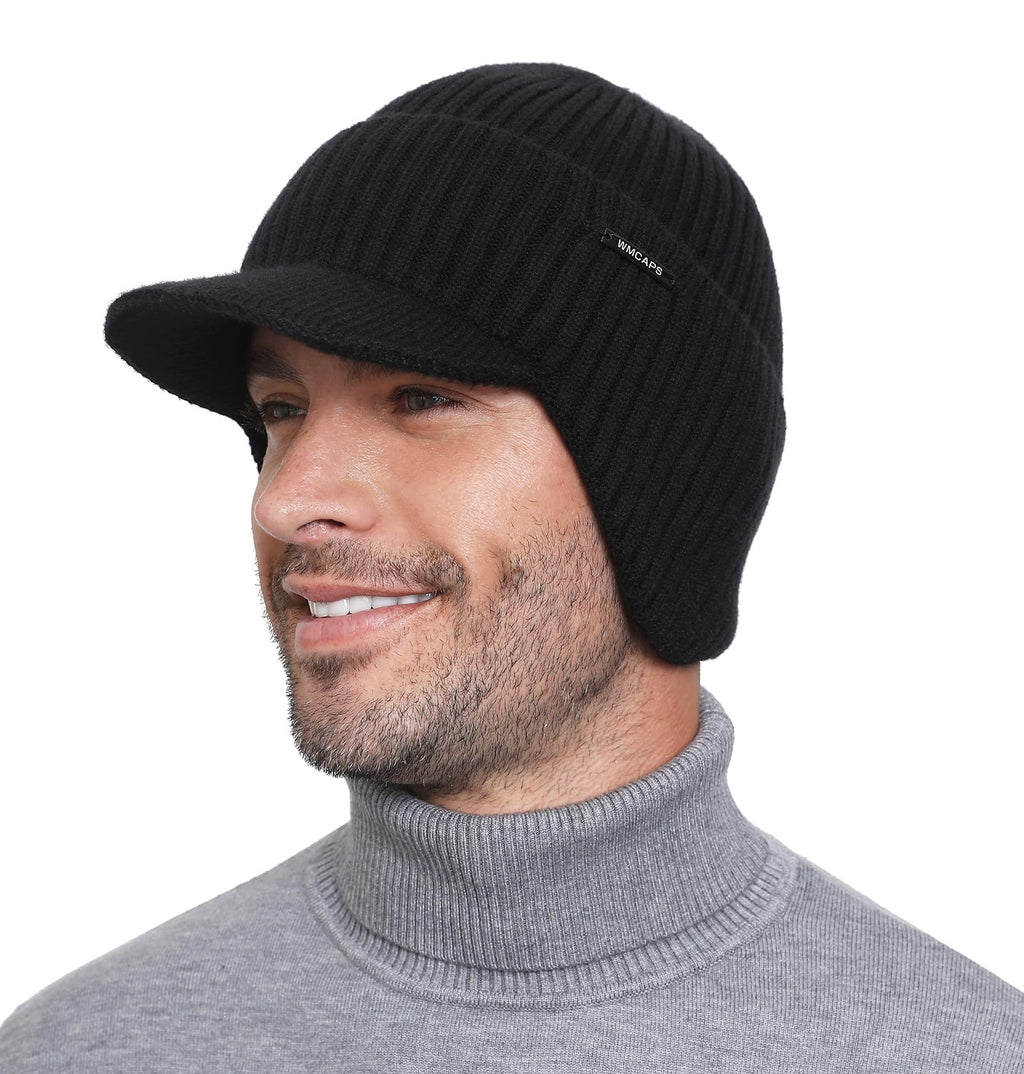 Wmcaps Winter Beanie with Brim and Ear Flaps, Outdoor Warm Fleece Lined Knit Hat Stocking Caps for Men Women