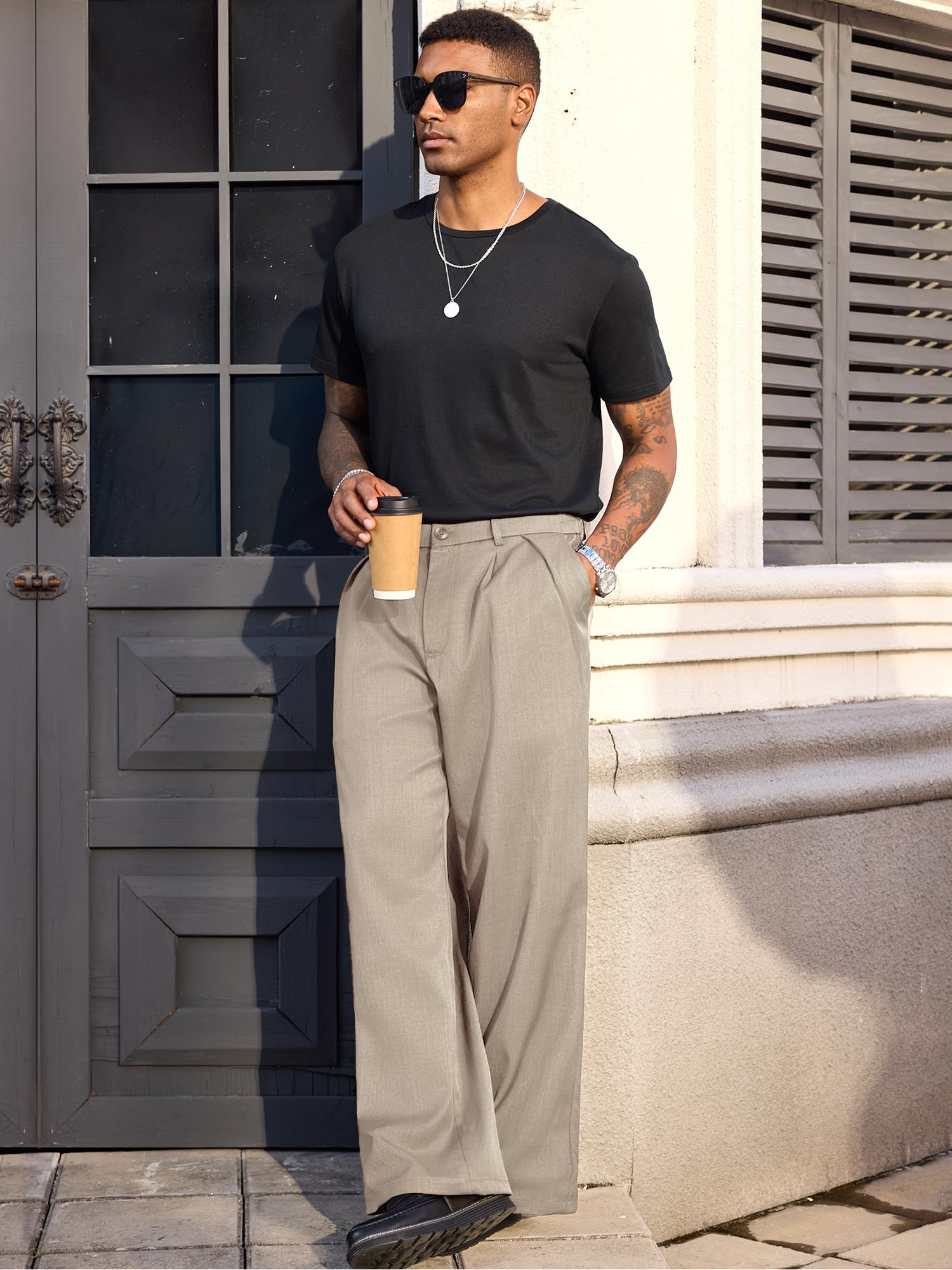 PLEPAN Men's Wide Leg Dress Pants Baggy Pleated Casual Trousers Relaxed Fit Elastic Waist Business Slacks