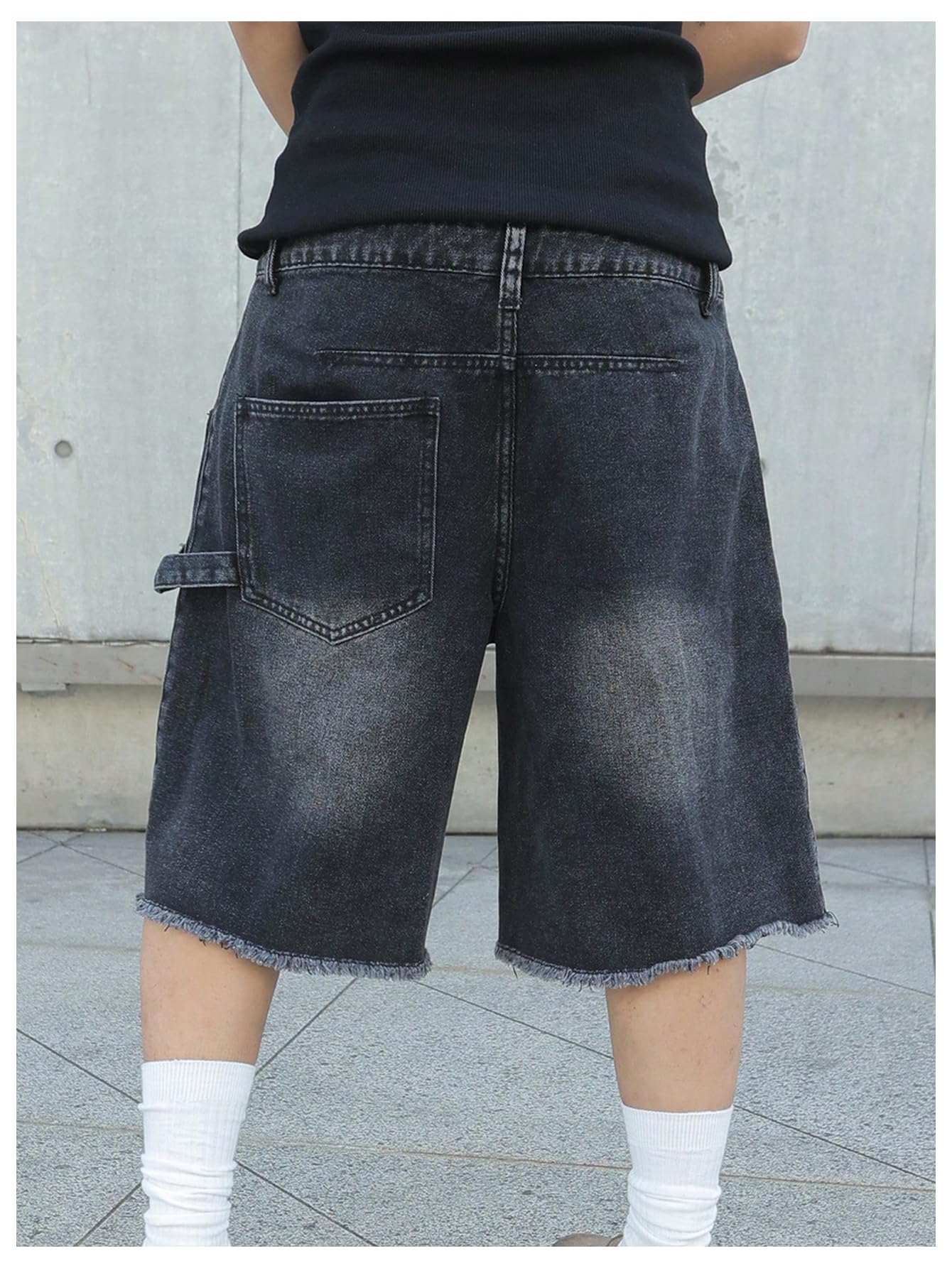 SHENHE Men's Baggy Jean Shorts Y2k Jorts Wide Leg Frayed Raw Hem Vintage Bermuda Denim Shorts