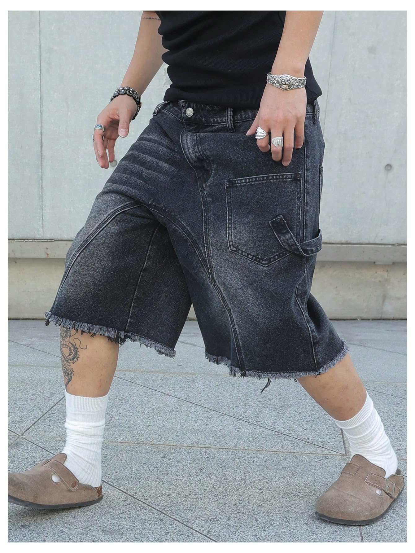 SHENHE Men's Baggy Jean Shorts Y2k Jorts Wide Leg Frayed Raw Hem Vintage Bermuda Denim Shorts