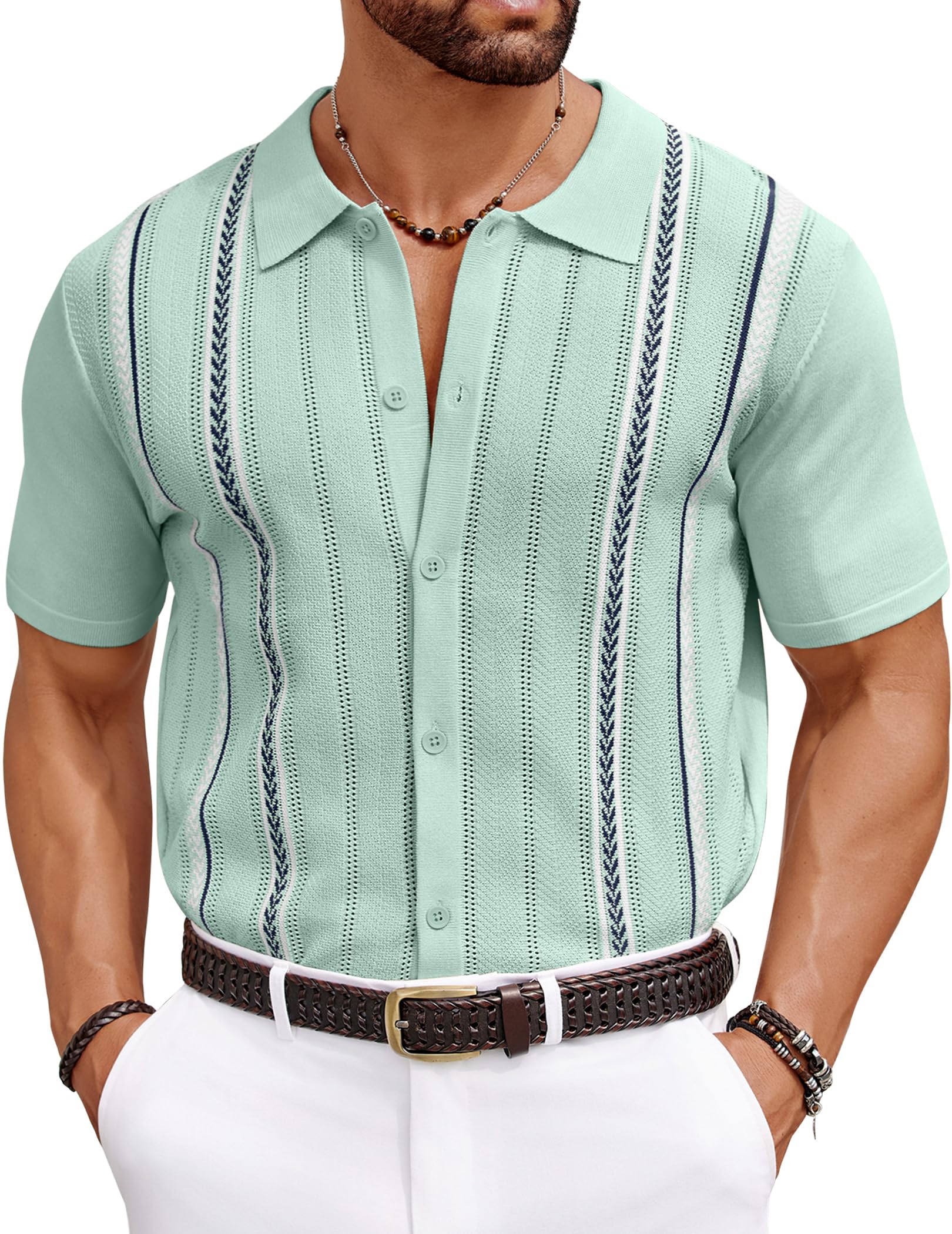 COOFANDY Knit Shirts for Men Casual Short Sleeve Button Down Shirts Summer Beach Stretch Fit Collared Shirts