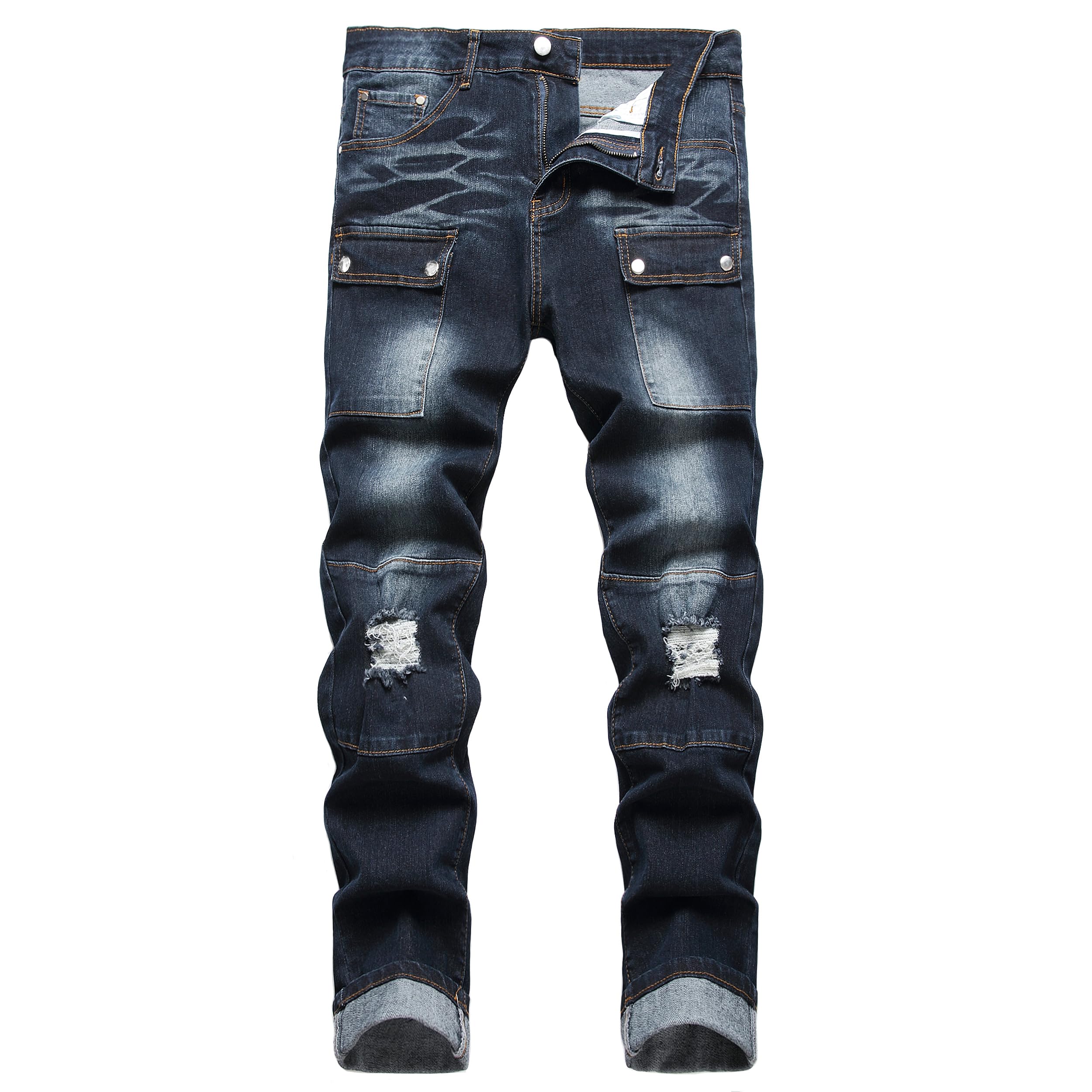 Men's Slim Fit Stretch Jeans Ripped Skinny Jeans for Men, Fashion Straight Leg Comfort Flex Waist Cargo Denim Pants