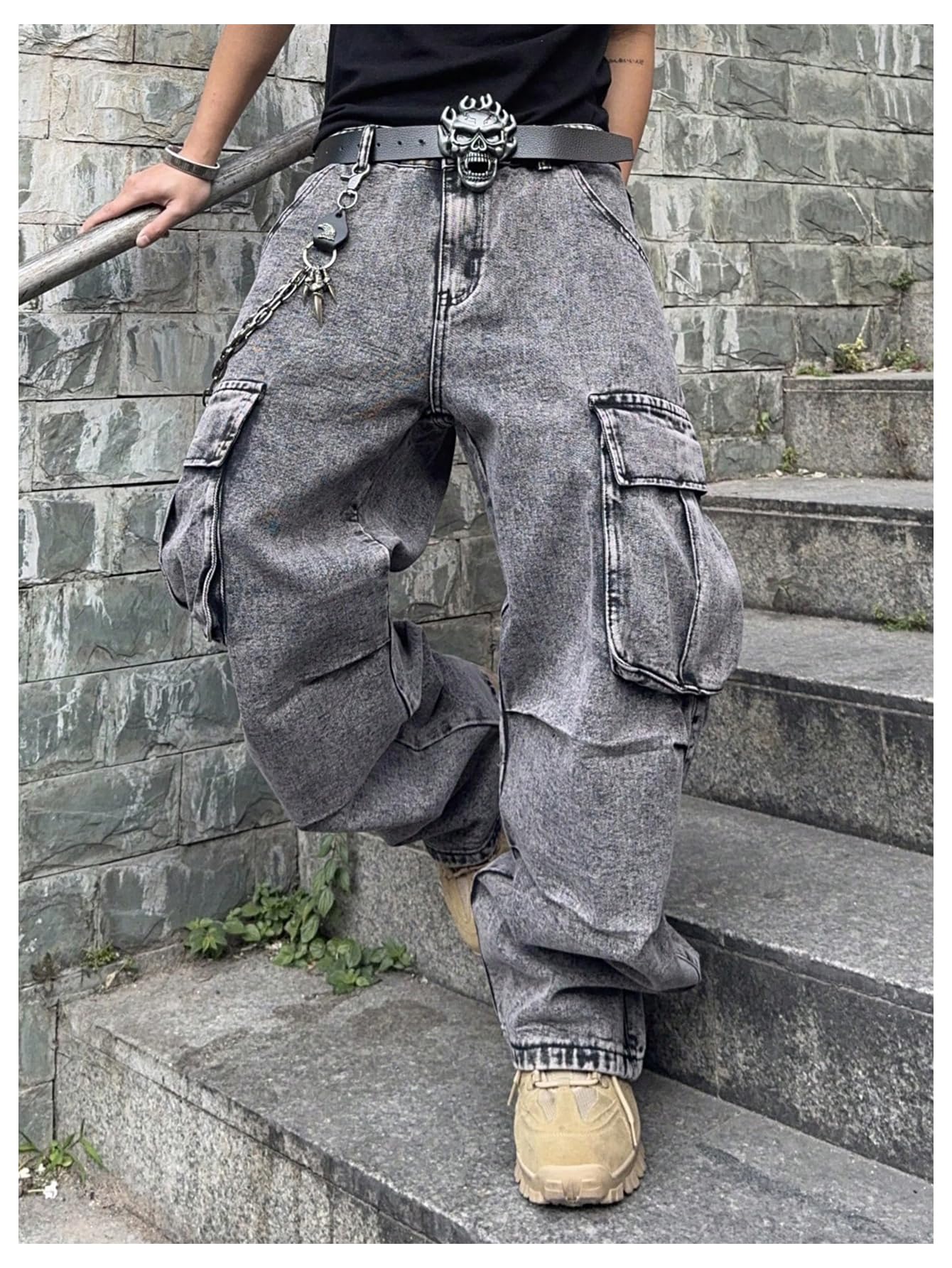 WDIRARA Men's Cargo Jeans Wide Leg Baggy Denim Pants Hip Hop Streetwear