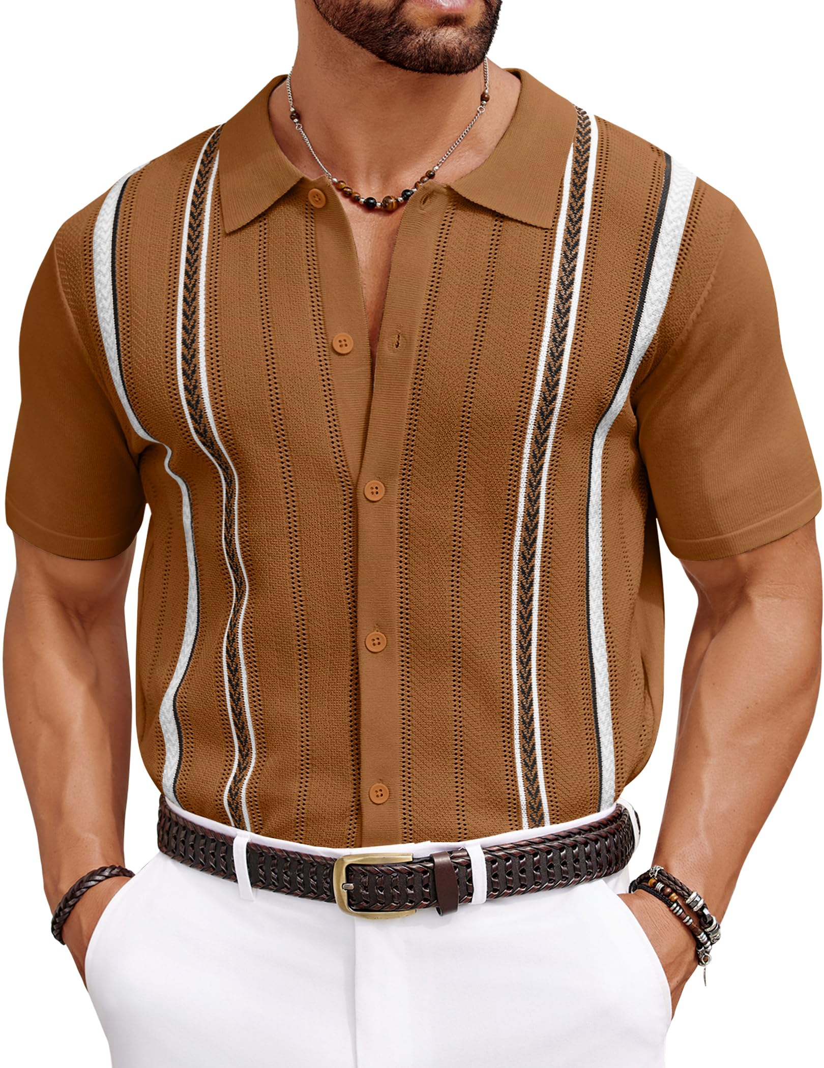 COOFANDY Knit Shirts for Men Casual Short Sleeve Button Down Shirts Summer Beach Stretch Fit Collared Shirts