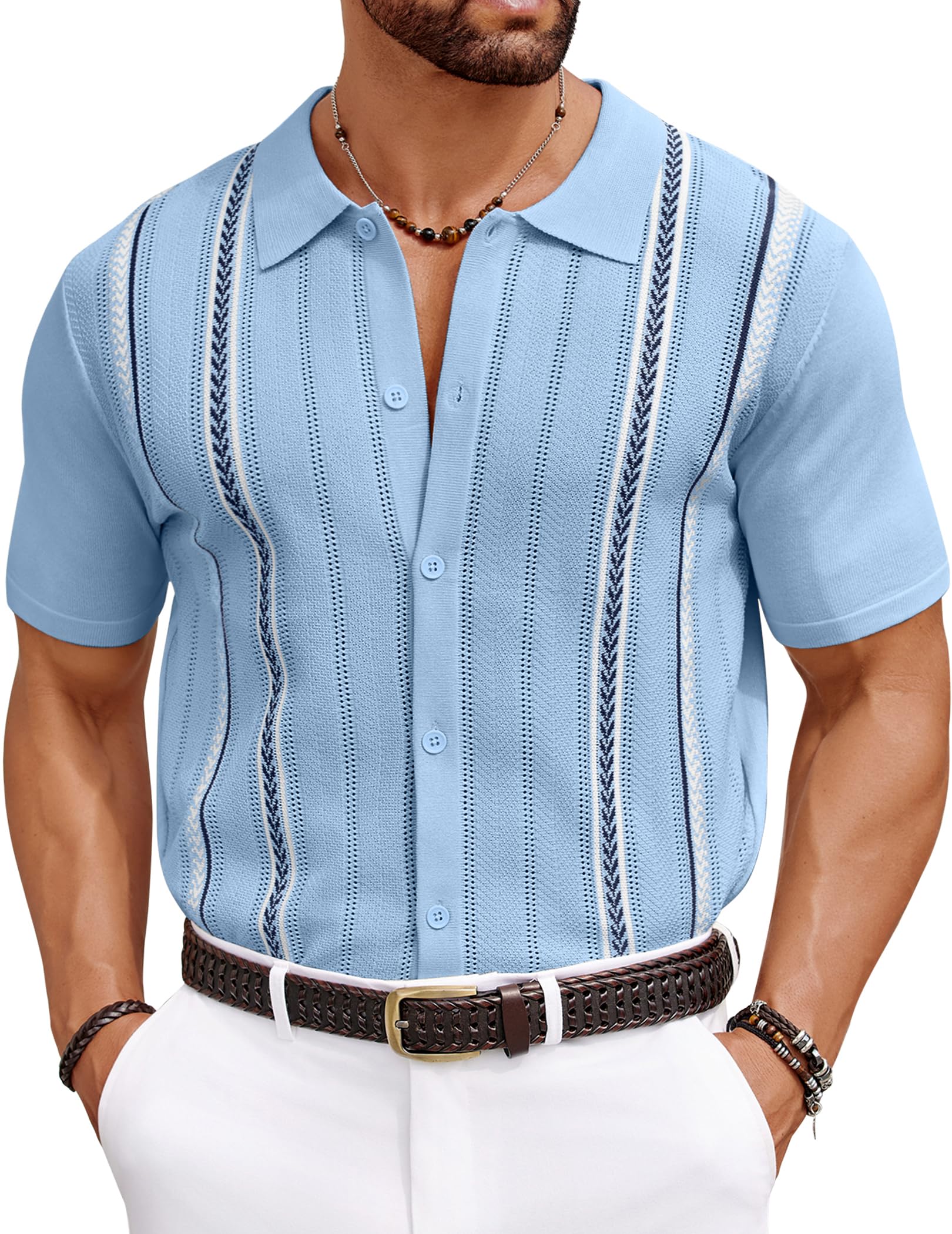 COOFANDY Knit Shirts for Men Casual Short Sleeve Button Down Shirts Summer Beach Stretch Fit Collared Shirts