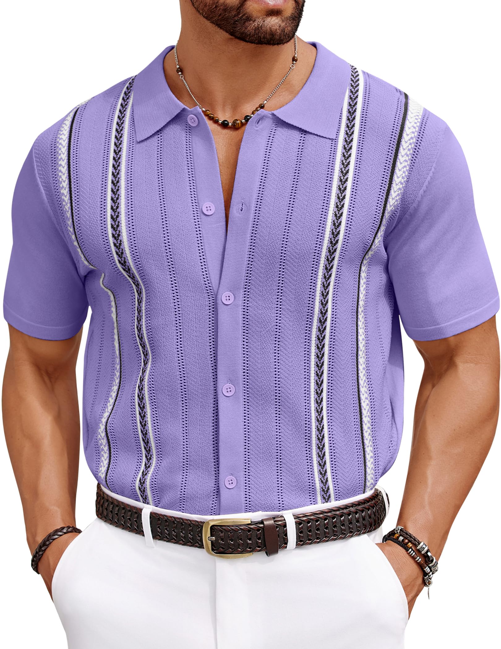 COOFANDY Knit Shirts for Men Casual Short Sleeve Button Down Shirts Summer Beach Stretch Fit Collared Shirts