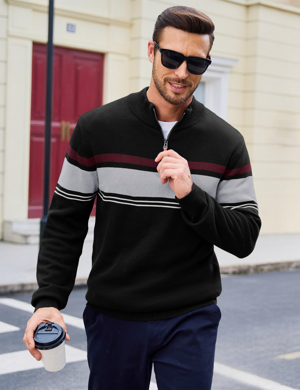 MAGCOMSEN Men's Sweaters 1/4 Zip Cotton Sweater Pullover Polo Sweaters Striped Fall Winter Warm Sweatshirts