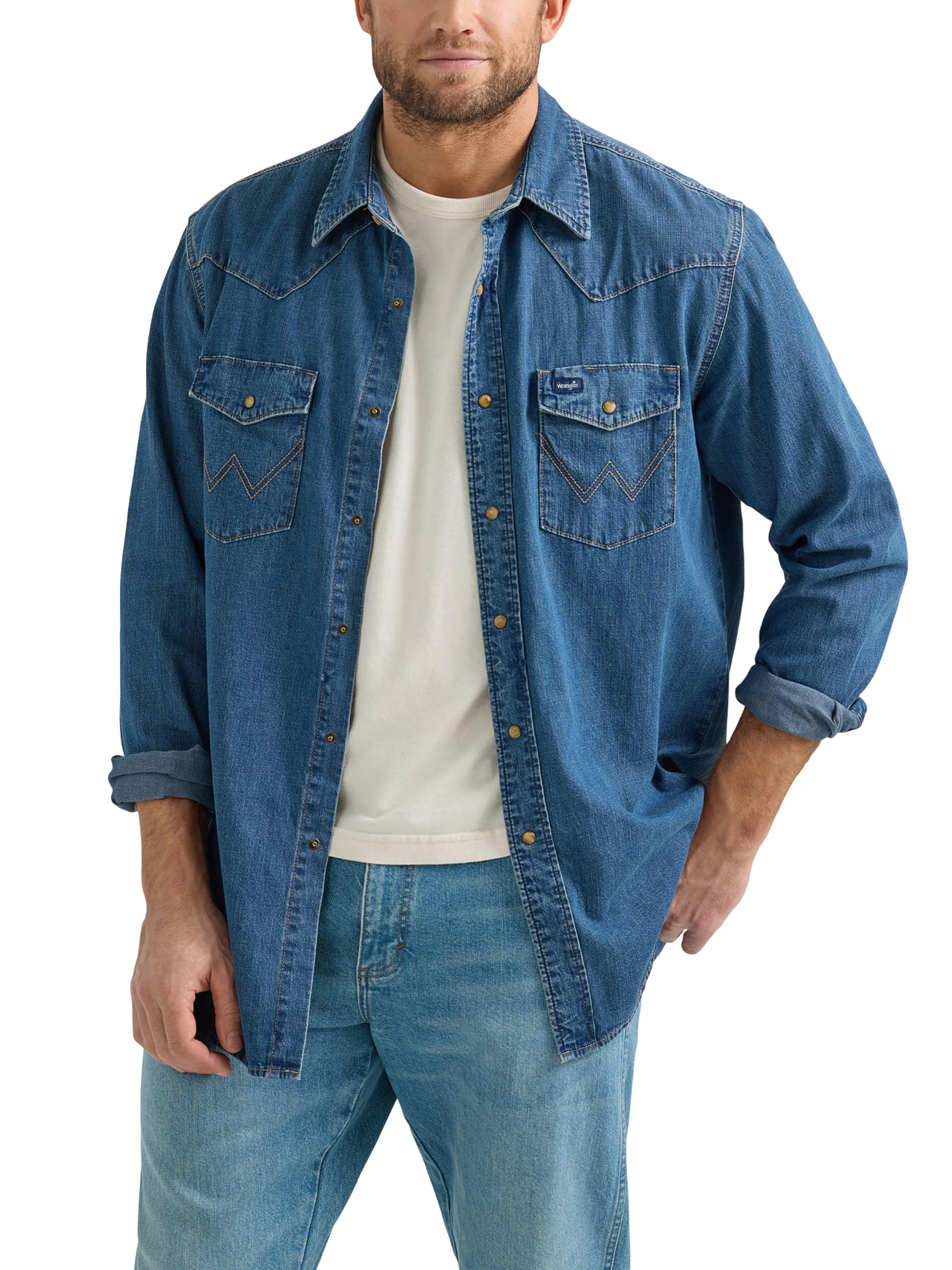 Wrangler Men's Denim Light Wash Long Sleeve Snap Shirt