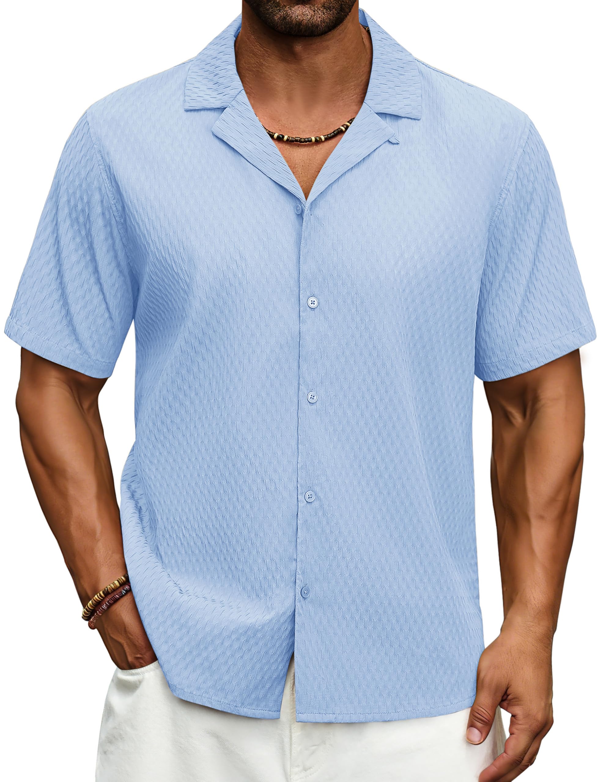 Cotrasen Men's Casual Short Sleeve Button Down Shirt Cuban Textured Summer Beach Shirts