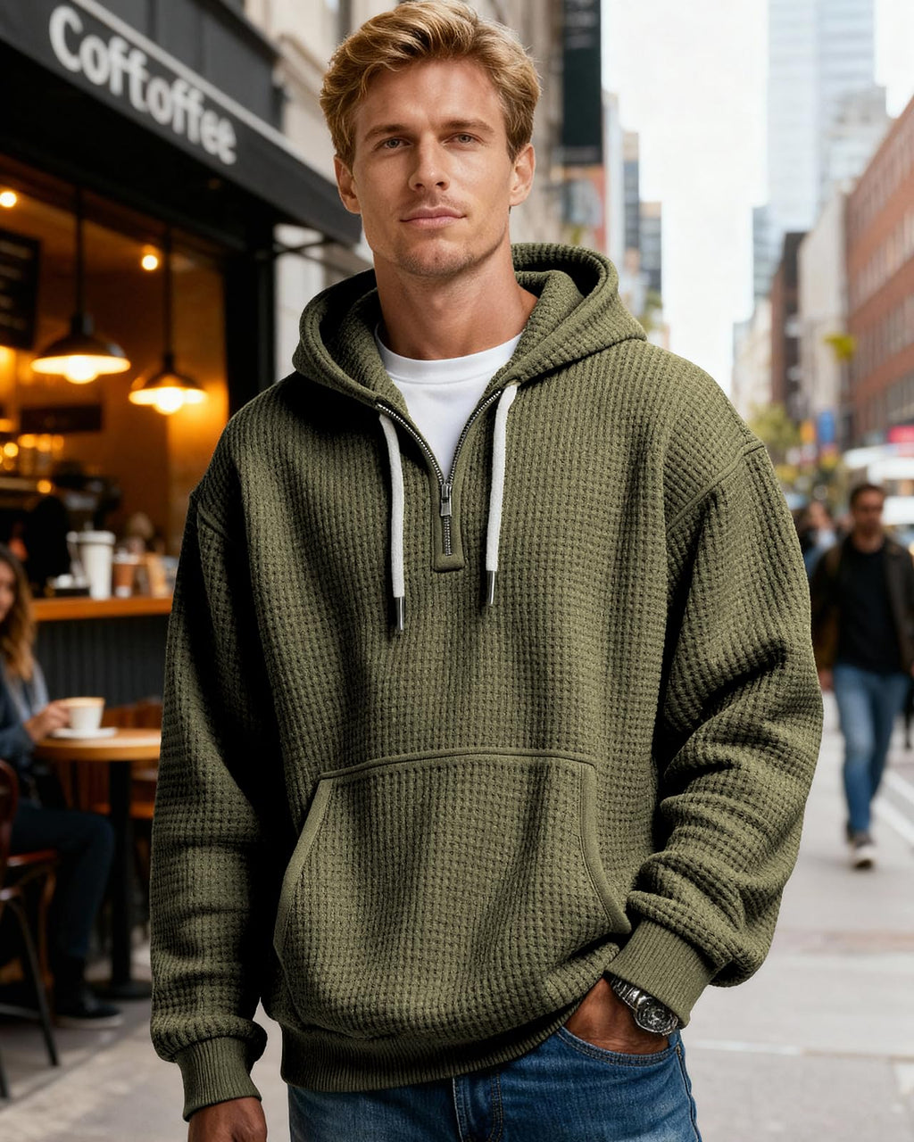 PIDOGYM Men's Quarter Zip Hoodie Waffle Knit Pullover Long Sleeve Casual Loose Fit Sweatshirt Hooded Tops with Pockets
