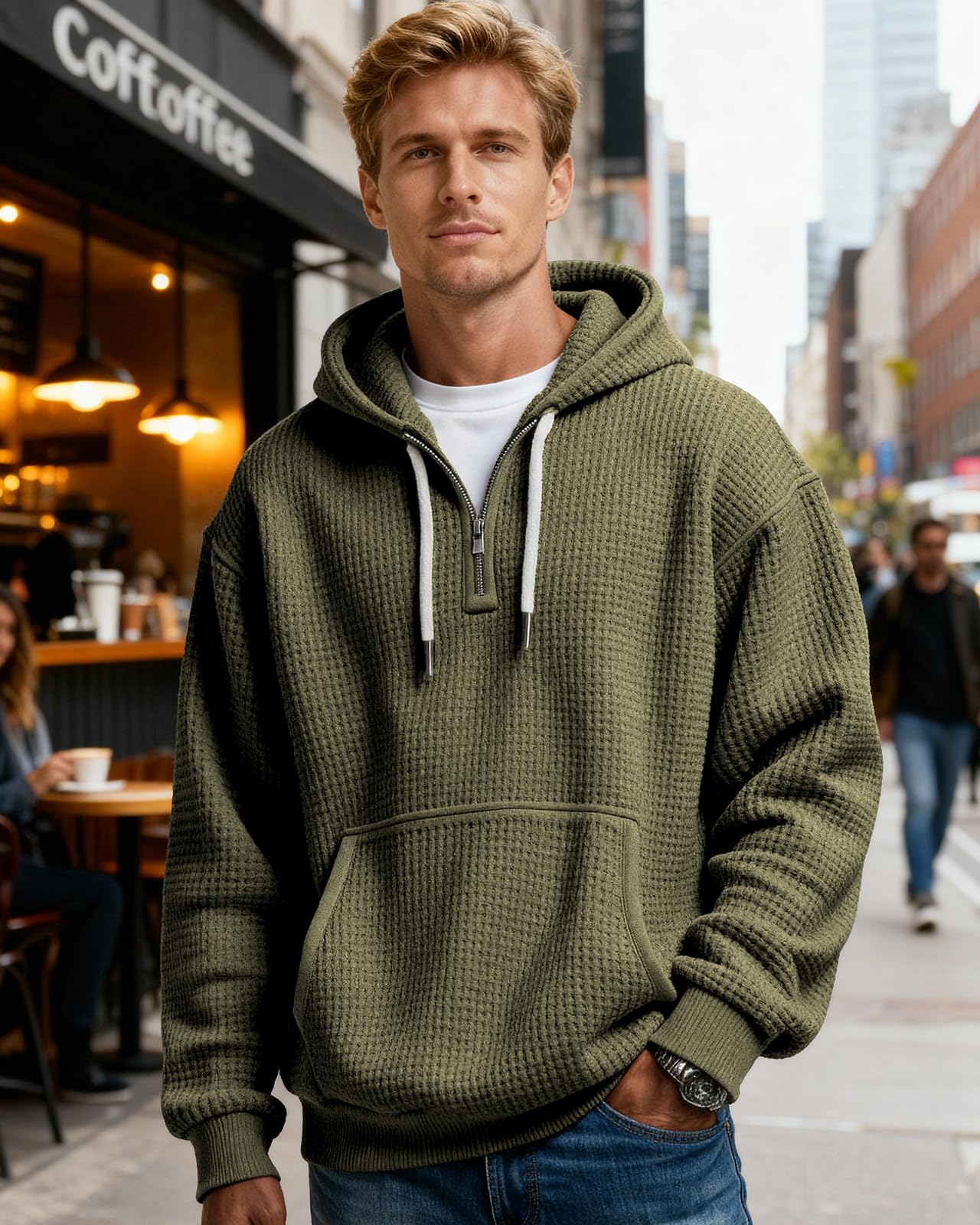 PIDOGYM Men's Quarter Zip Hoodie Waffle Knit Pullover Long Sleeve Casual Loose Fit Sweatshirt Hooded Tops with Pockets