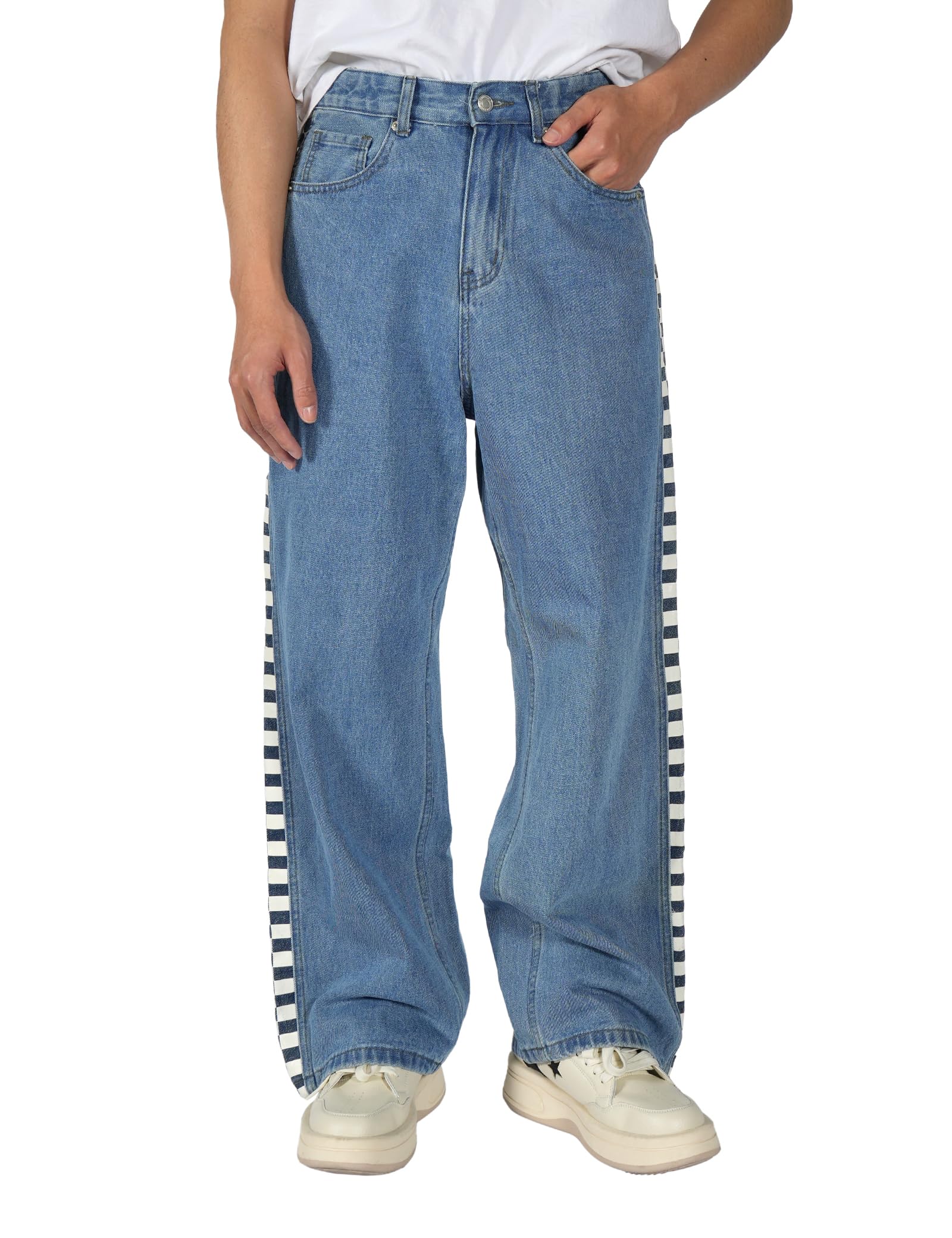 Plaid&Plain Men's Hip Hop Baggy Jeans Casual Wide Leg Y2k Skateboard Vintage Denim Pants Streetwear