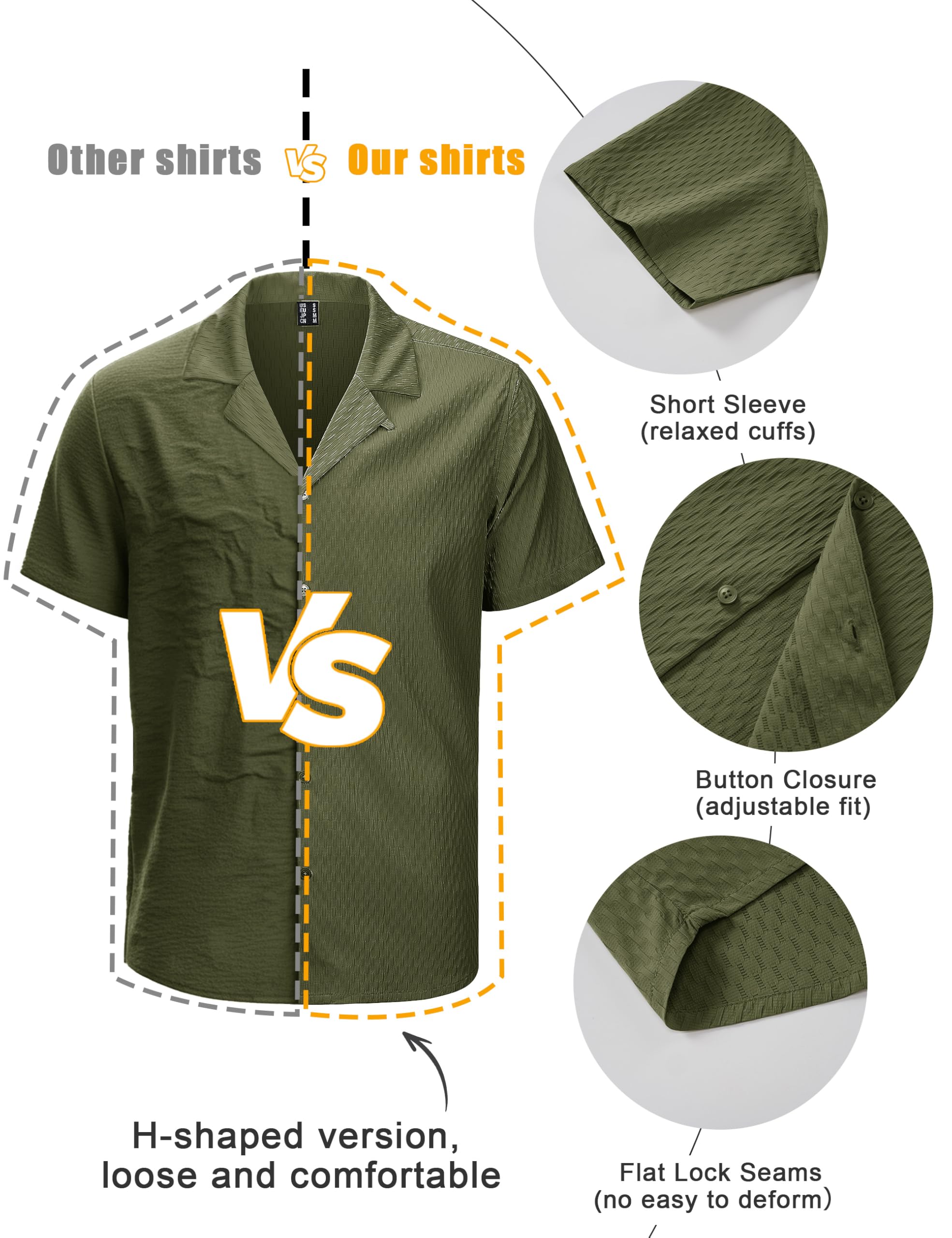 Cotrasen Men's Casual Short Sleeve Button Down Shirt Cuban Textured Summer Beach Shirts