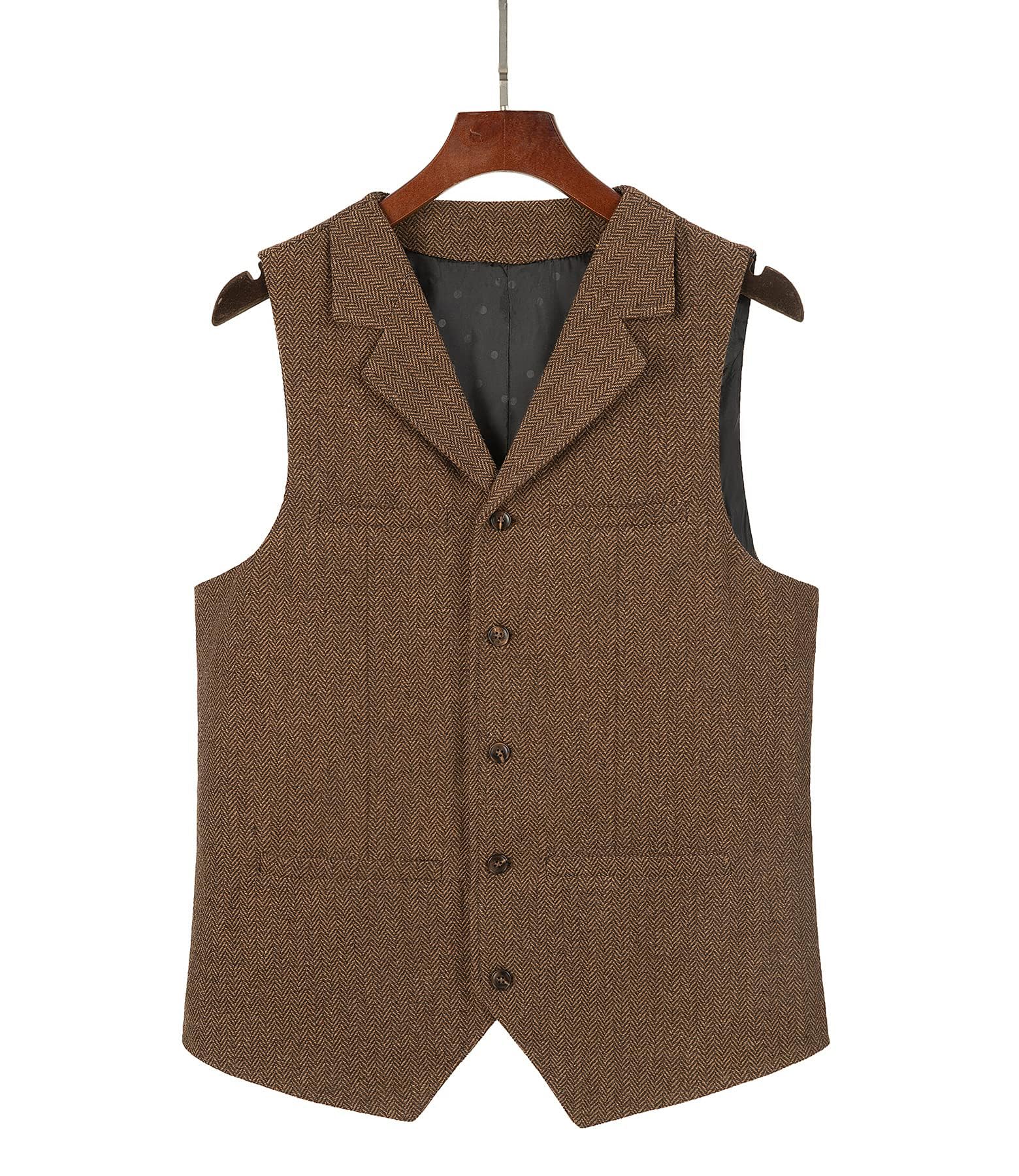 Tuikayoo Men's Tweed Suit Vintage Vest Herringbone Wool Prom Waistcoat Groomsmen