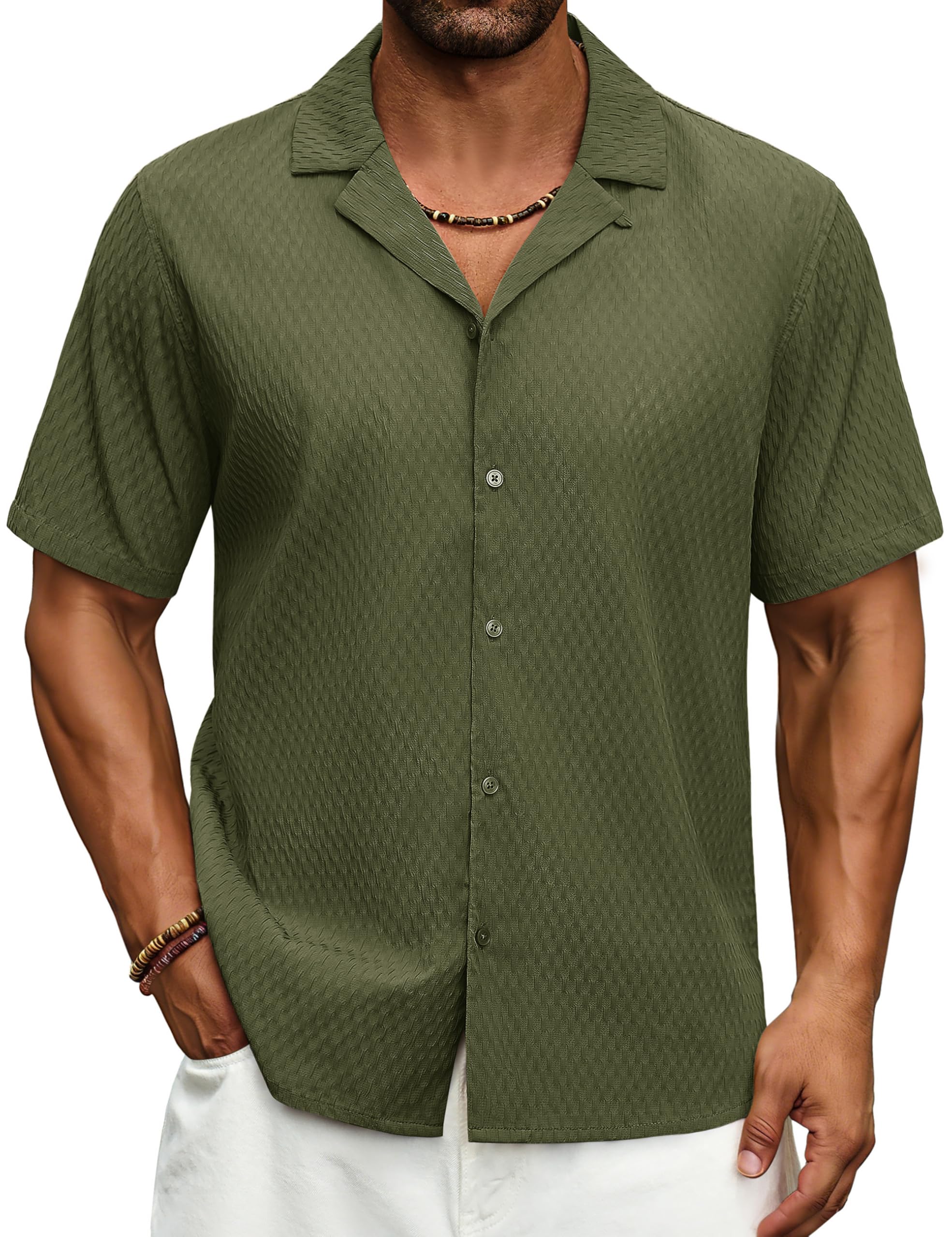 Cotrasen Men's Casual Short Sleeve Button Down Shirt Cuban Textured Summer Beach Shirts