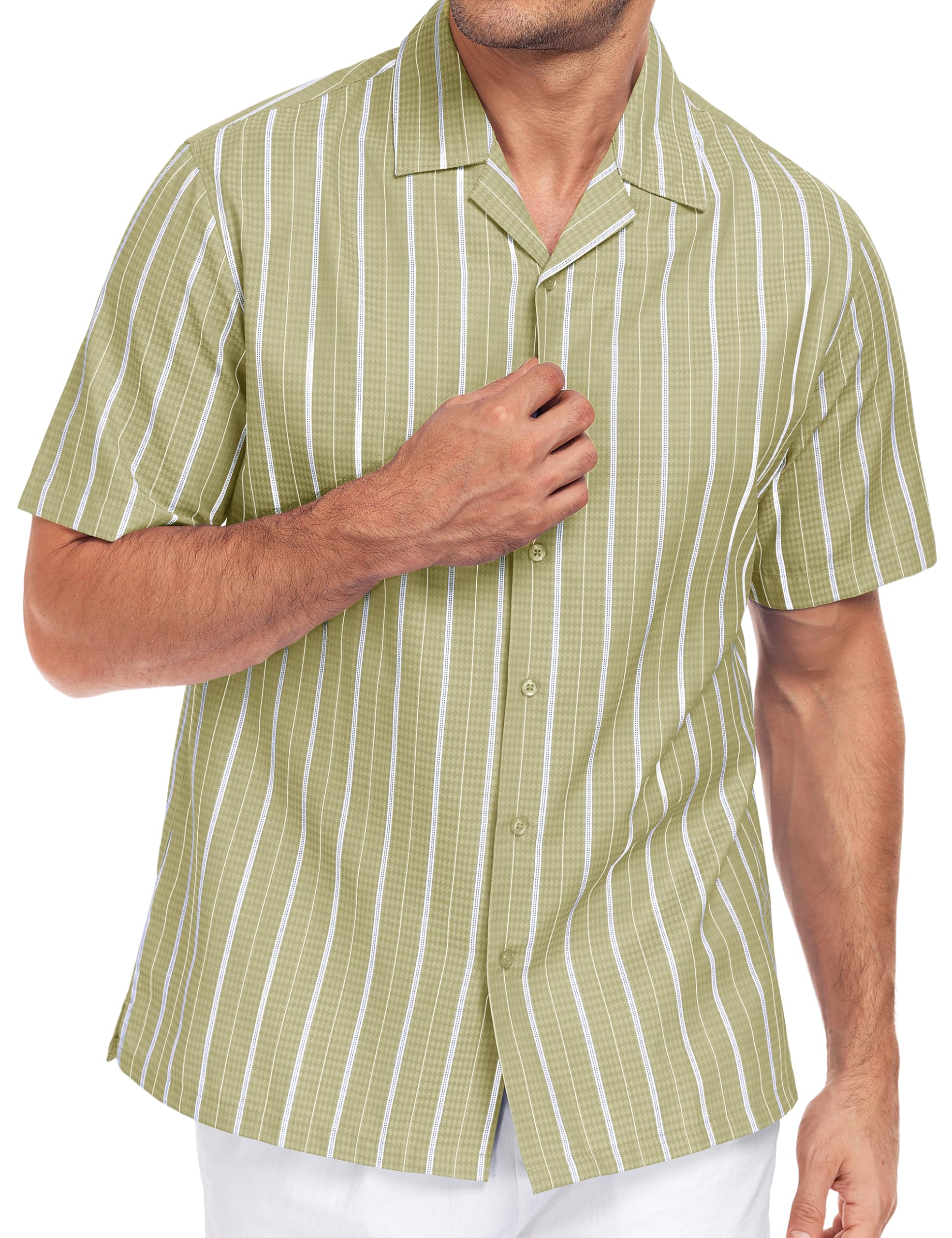 Lzzidou Men's Cuban Collar Shirt Short Sleeve Button Down – Textured Jacquard Cotton Blend Summer Resort Top