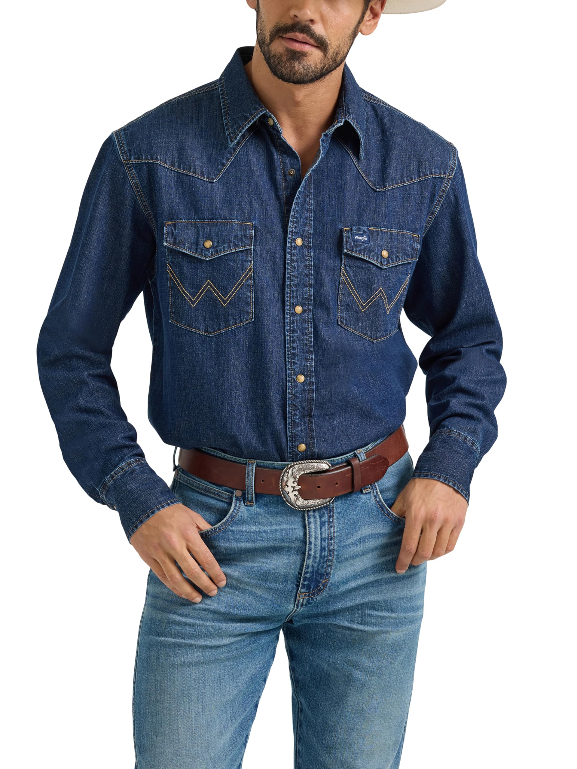 Wrangler Men's Denim Light Wash Long Sleeve Snap Shirt