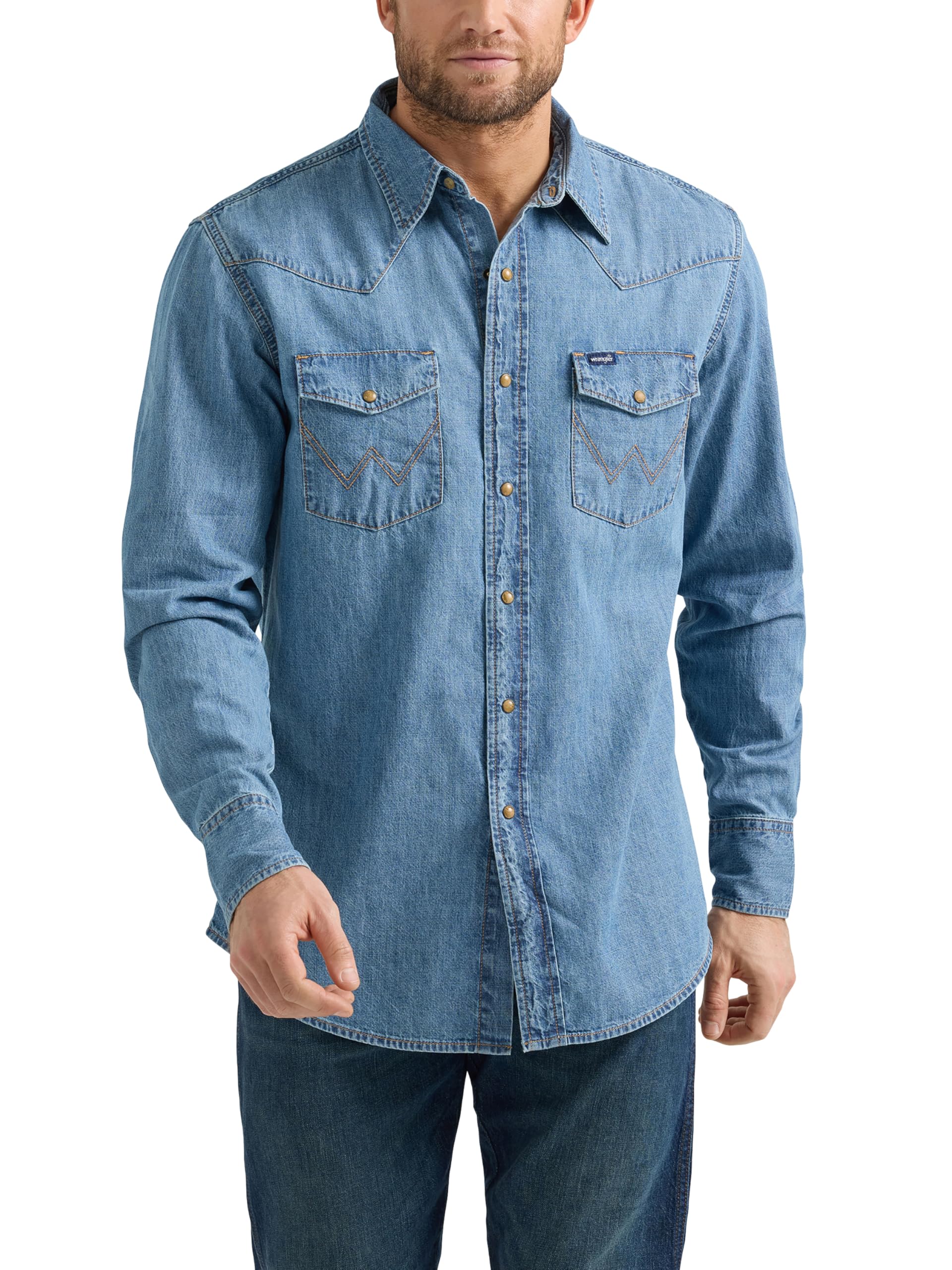 Wrangler Men's Denim Light Wash Long Sleeve Snap Shirt